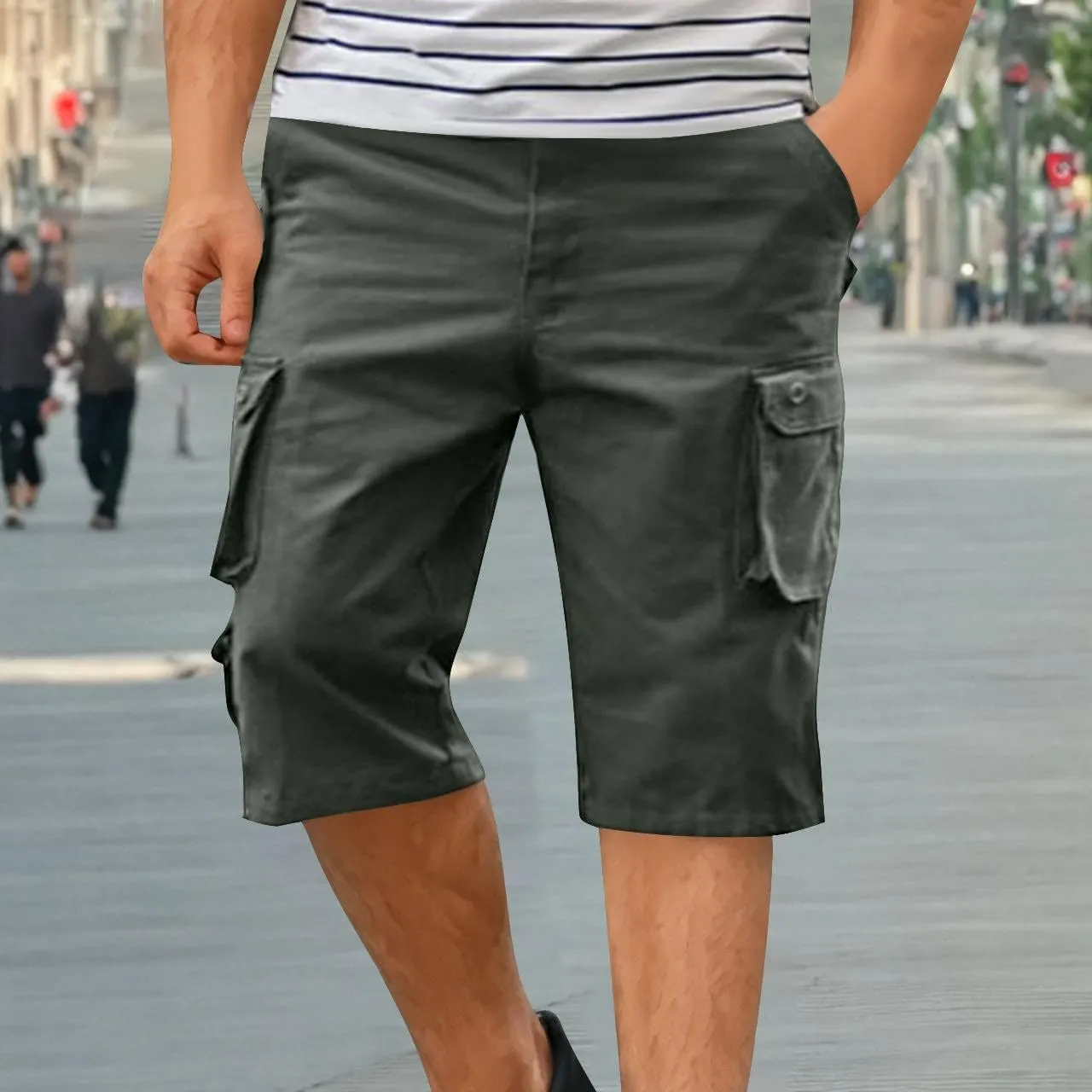 Men's Athletic Gym Cargo Shorts Plus Size Solid Outdoor Wear Resistance Short with Multiple Pockets Knee Length Short