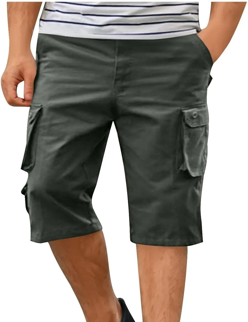 Men's Athletic Gym Cargo Shorts Plus Size Solid Outdoor Wear Resistance Short with Multiple Pockets Knee Length Short