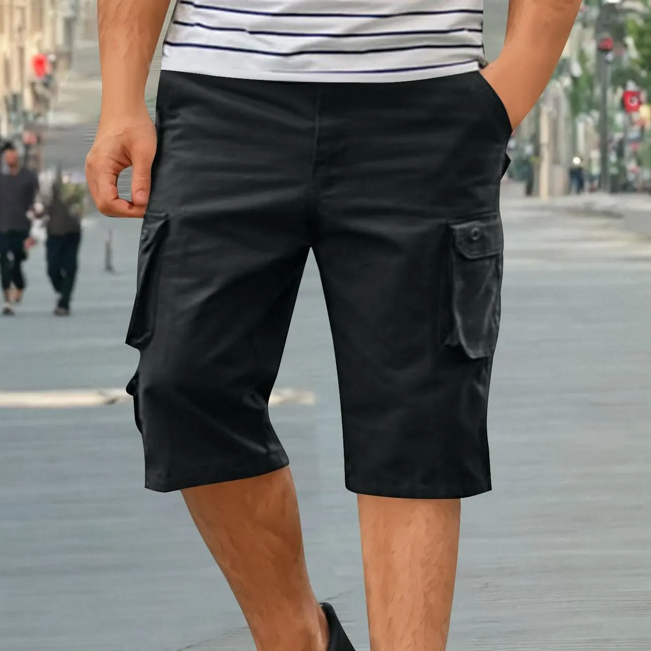 Men's Athletic Gym Cargo Shorts Plus Size Solid Outdoor Wear Resistance Short with Multiple Pockets Knee Length Short