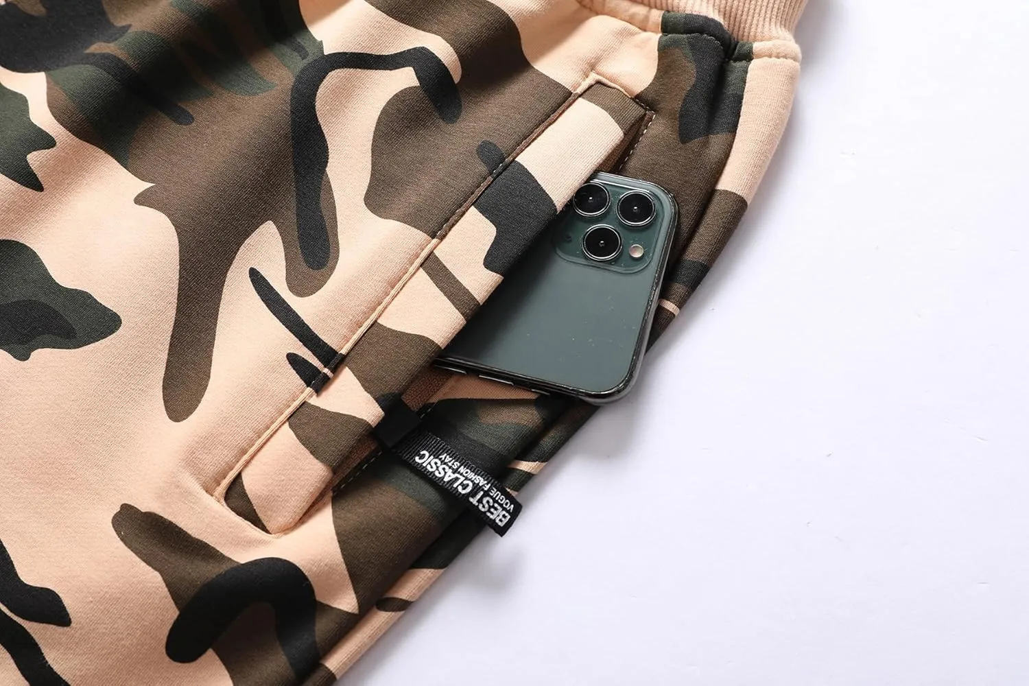 Mens Camo Shorts Casual Elastic Waist Shorts with Drawstring Zipper Pockets