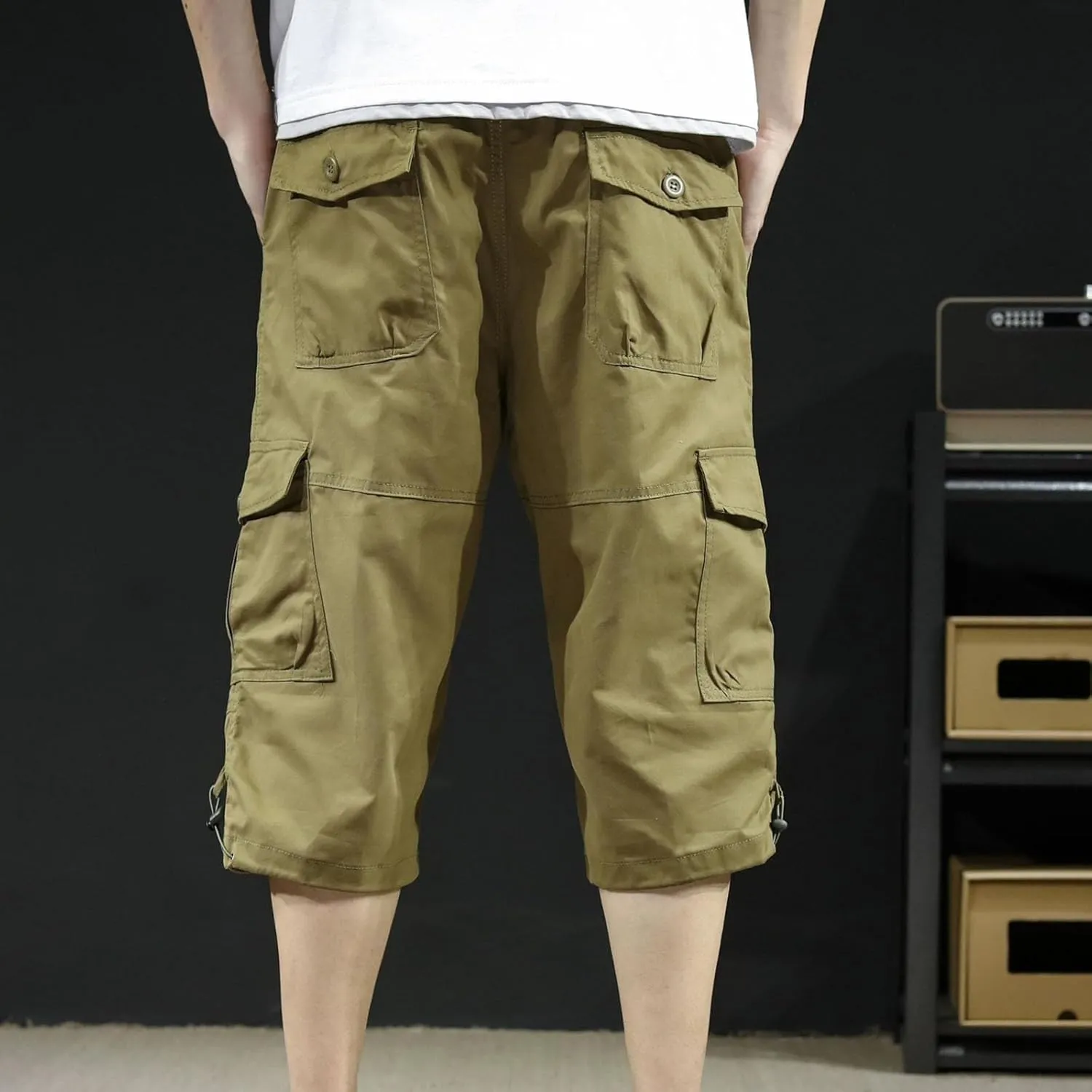 Men's Cotton Cargo Capris Pant Outdoor Button Zipper up Hiking Gym Trouser Multiple Pocket Summer Pant with Waistband