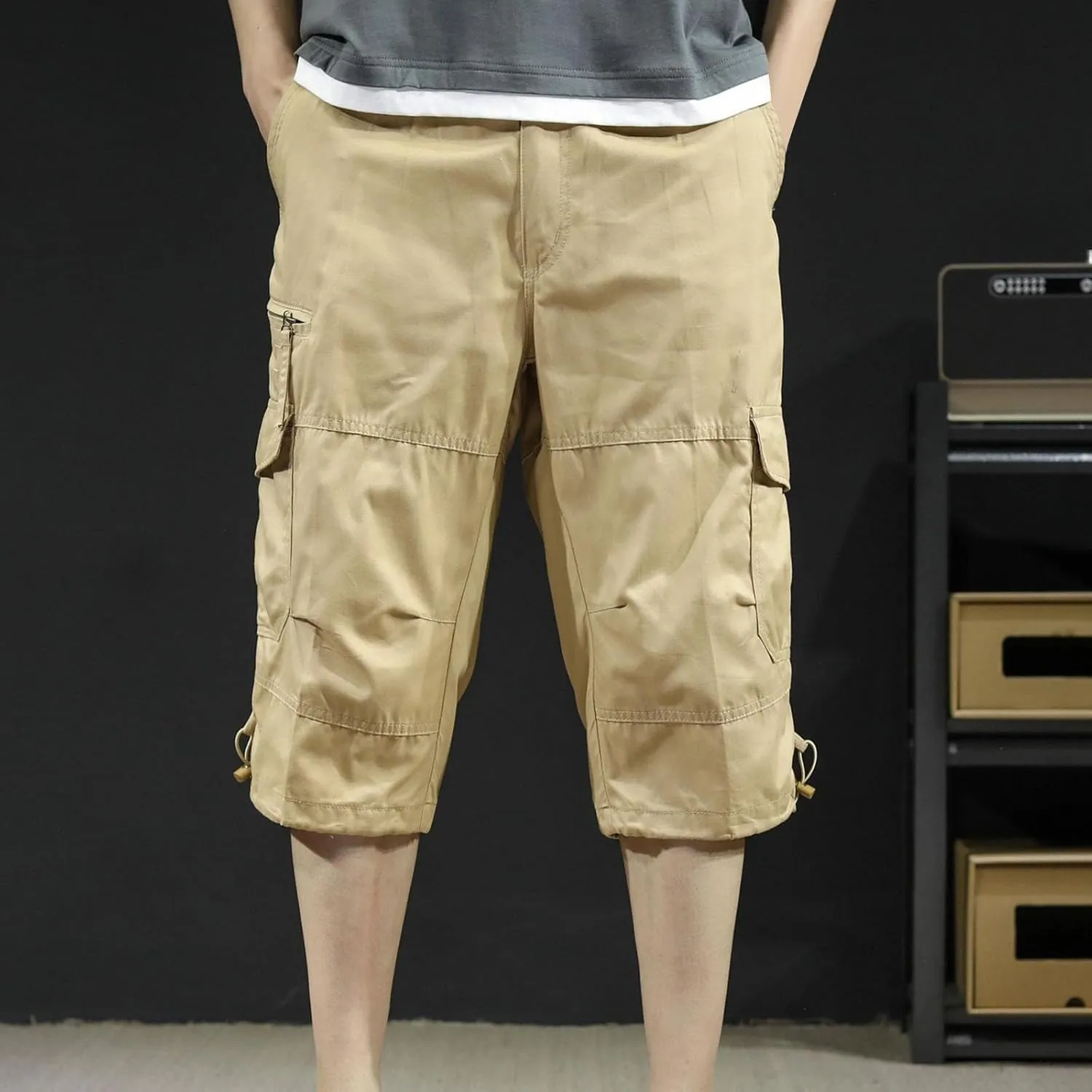 Men's Cotton Cargo Capris Pant Outdoor Button Zipper up Hiking Gym Trouser Multiple Pocket Summer Pant with Waistband