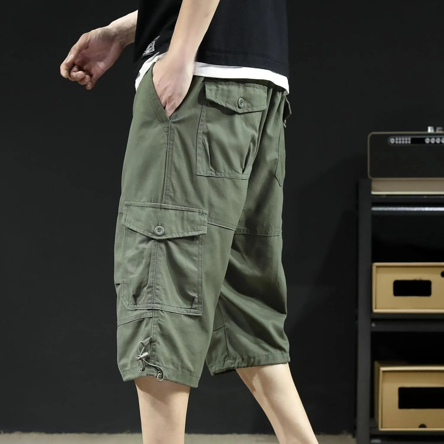 Men's Cotton Cargo Capris Pant Outdoor Button Zipper up Hiking Gym Trouser Multiple Pocket Summer Pant with Waistband