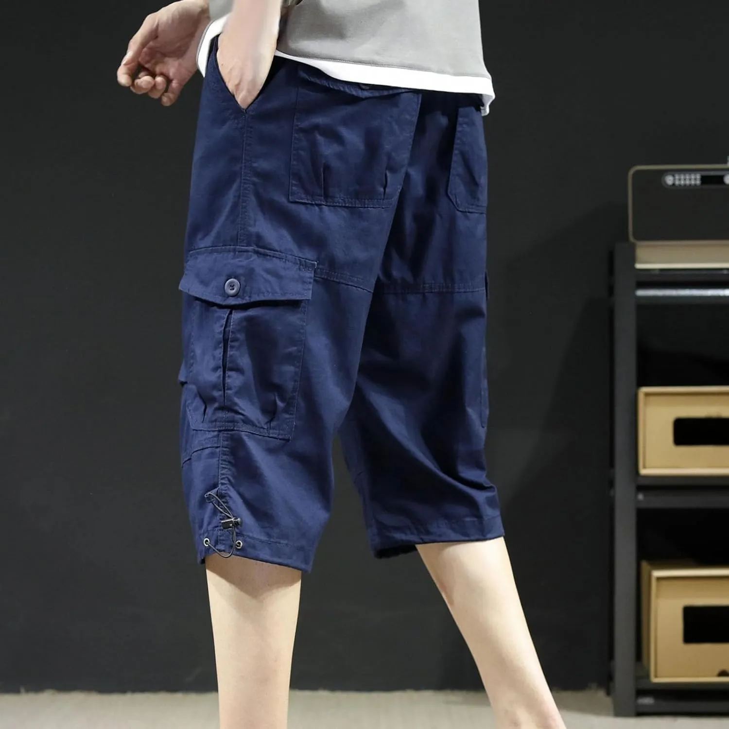 Men's Cotton Cargo Capris Pant Outdoor Button Zipper up Hiking Gym Trouser Multiple Pocket Summer Pant with Waistband