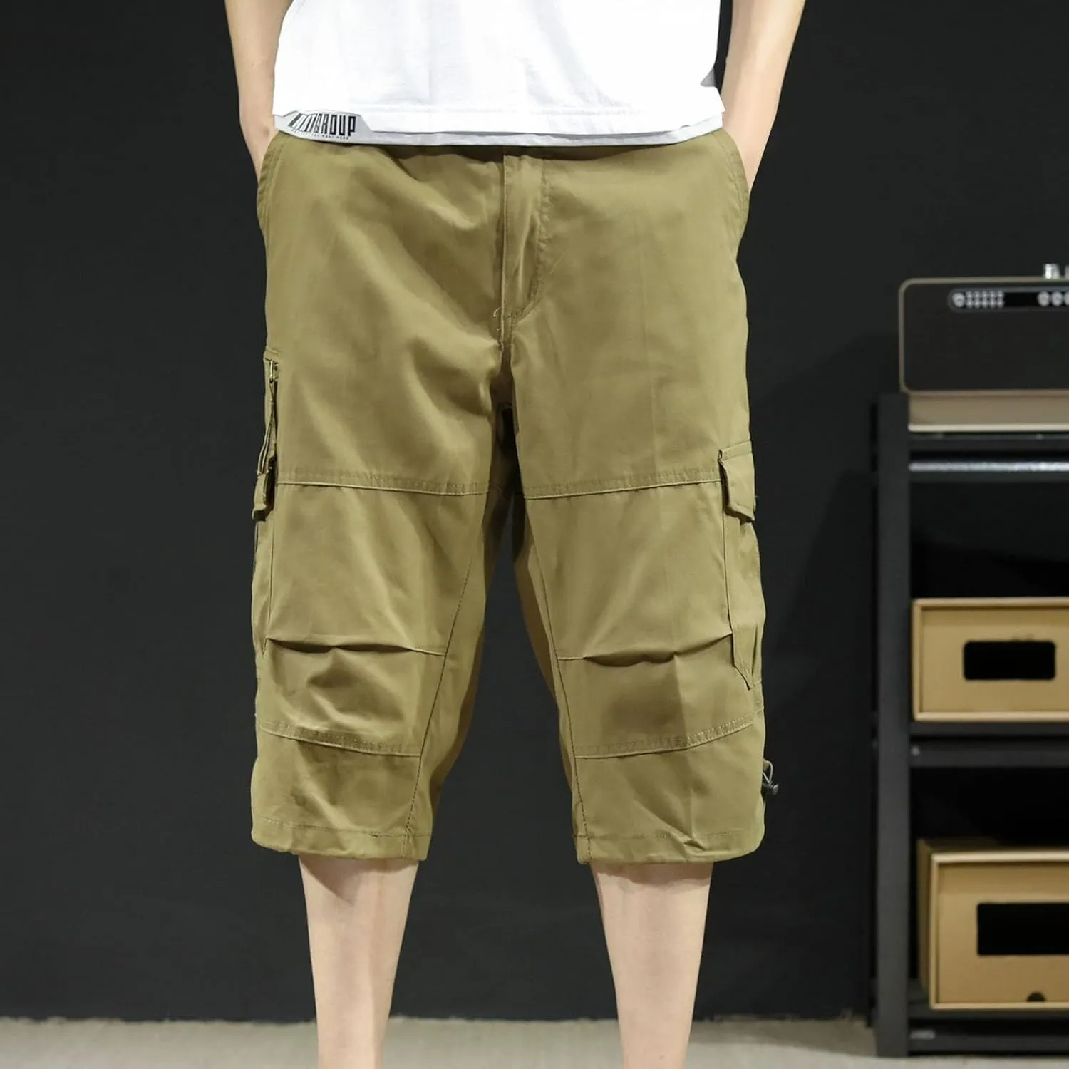 Men's Cotton Cargo Capris Pant Outdoor Button Zipper up Hiking Gym Trouser Multiple Pocket Summer Pant with Waistband