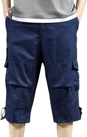 Men's Cotton Cargo Capris Pant Outdoor Button Zipper up Hiking Gym Trouser Multiple Pocket Summer Pant with Waistband