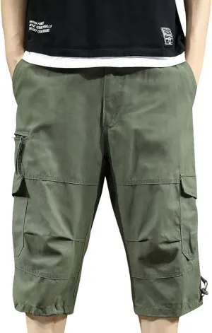 Men's Cotton Cargo Capris Pant Outdoor Button Zipper up Hiking Gym Trouser Multiple Pocket Summer Pant with Waistband