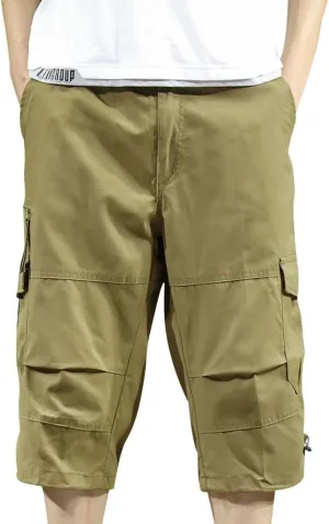 Men's Cotton Cargo Capris Pant Outdoor Button Zipper up Hiking Gym Trouser Multiple Pocket Summer Pant with Waistband