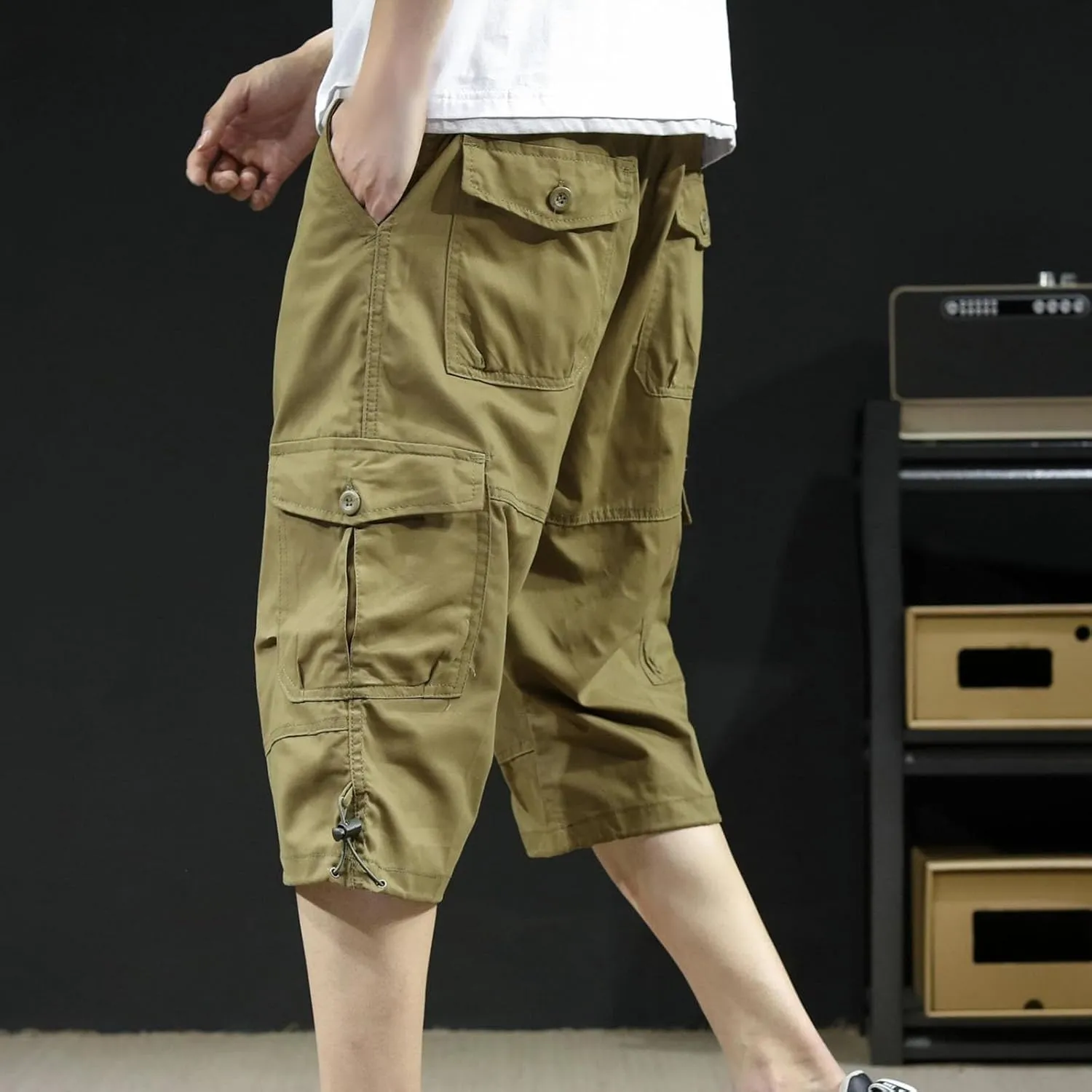 Men's Cotton Cargo Capris Pant Outdoor Button Zipper up Hiking Gym Trouser Multiple Pocket Summer Pant with Waistband