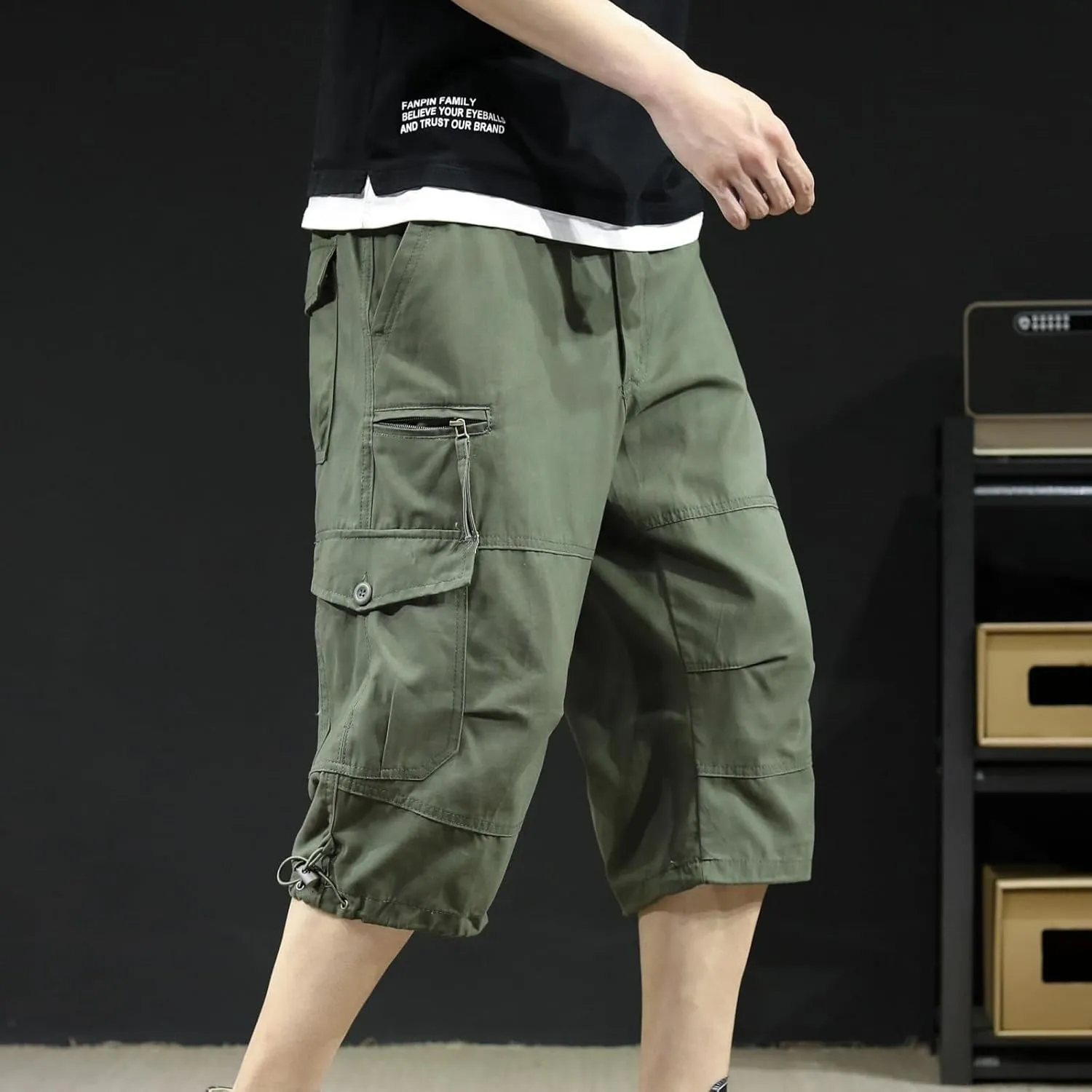 Men's Cotton Cargo Capris Pant Outdoor Button Zipper up Hiking Gym Trouser Multiple Pocket Summer Pant with Waistband