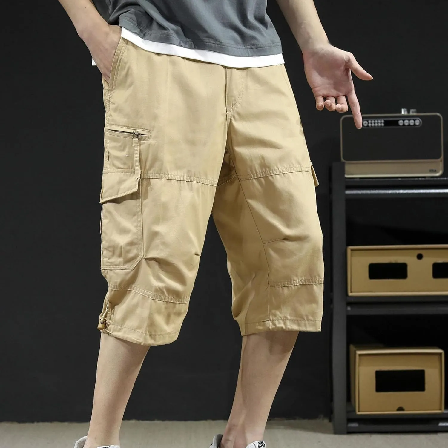 Men's Cotton Cargo Capris Pant Outdoor Button Zipper up Hiking Gym Trouser Multiple Pocket Summer Pant with Waistband
