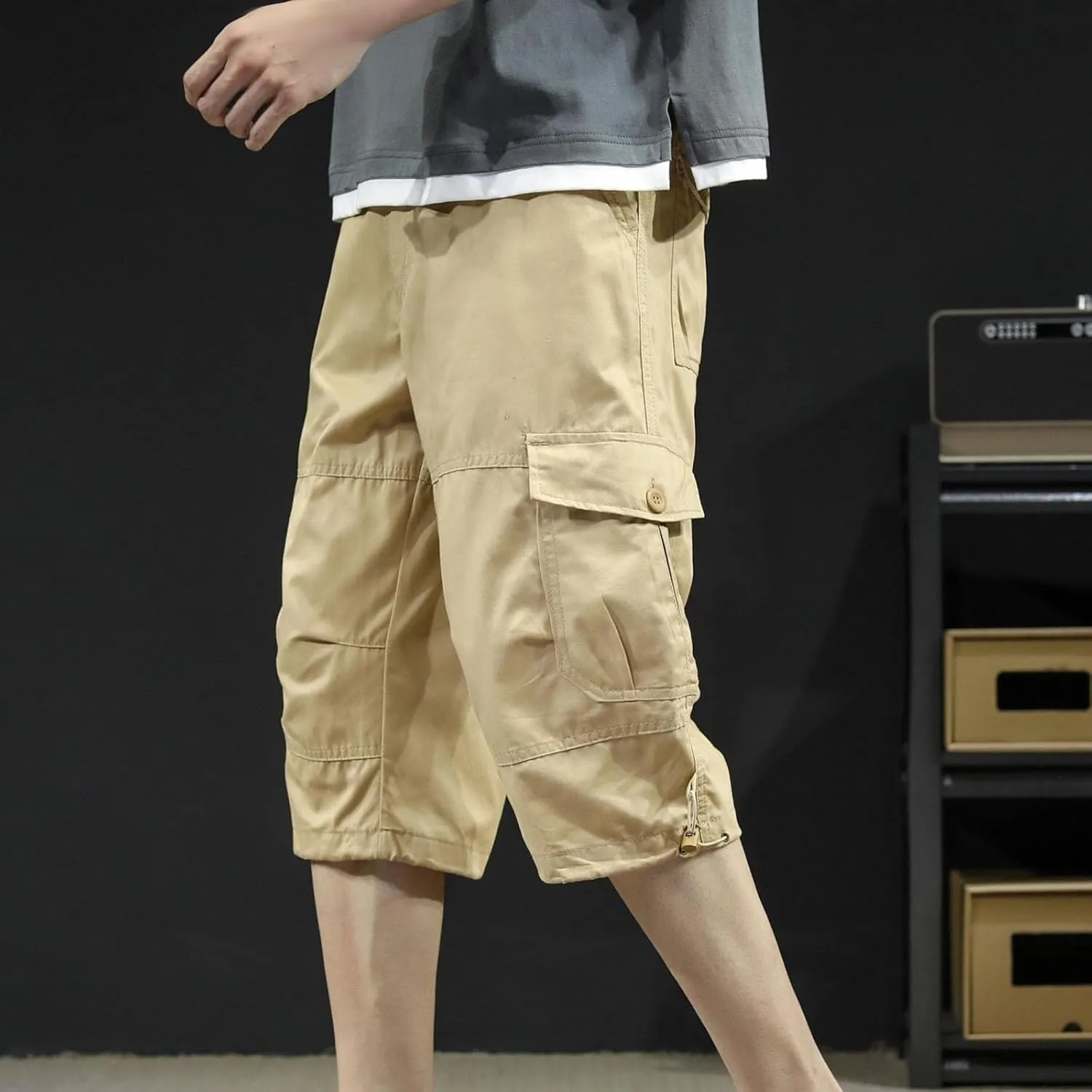 Men's Cotton Cargo Capris Pant Outdoor Button Zipper up Hiking Gym Trouser Multiple Pocket Summer Pant with Waistband