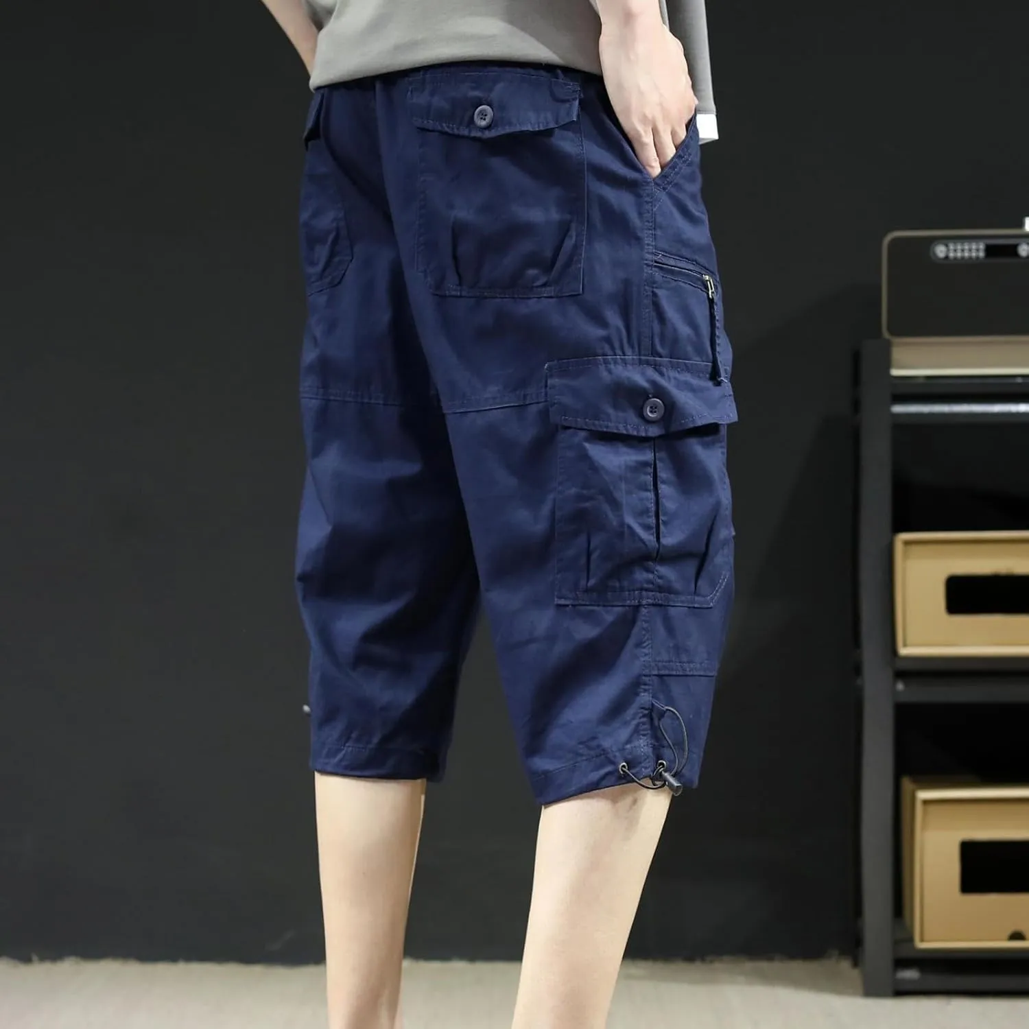 Men's Cotton Cargo Capris Pant Outdoor Button Zipper up Hiking Gym Trouser Multiple Pocket Summer Pant with Waistband