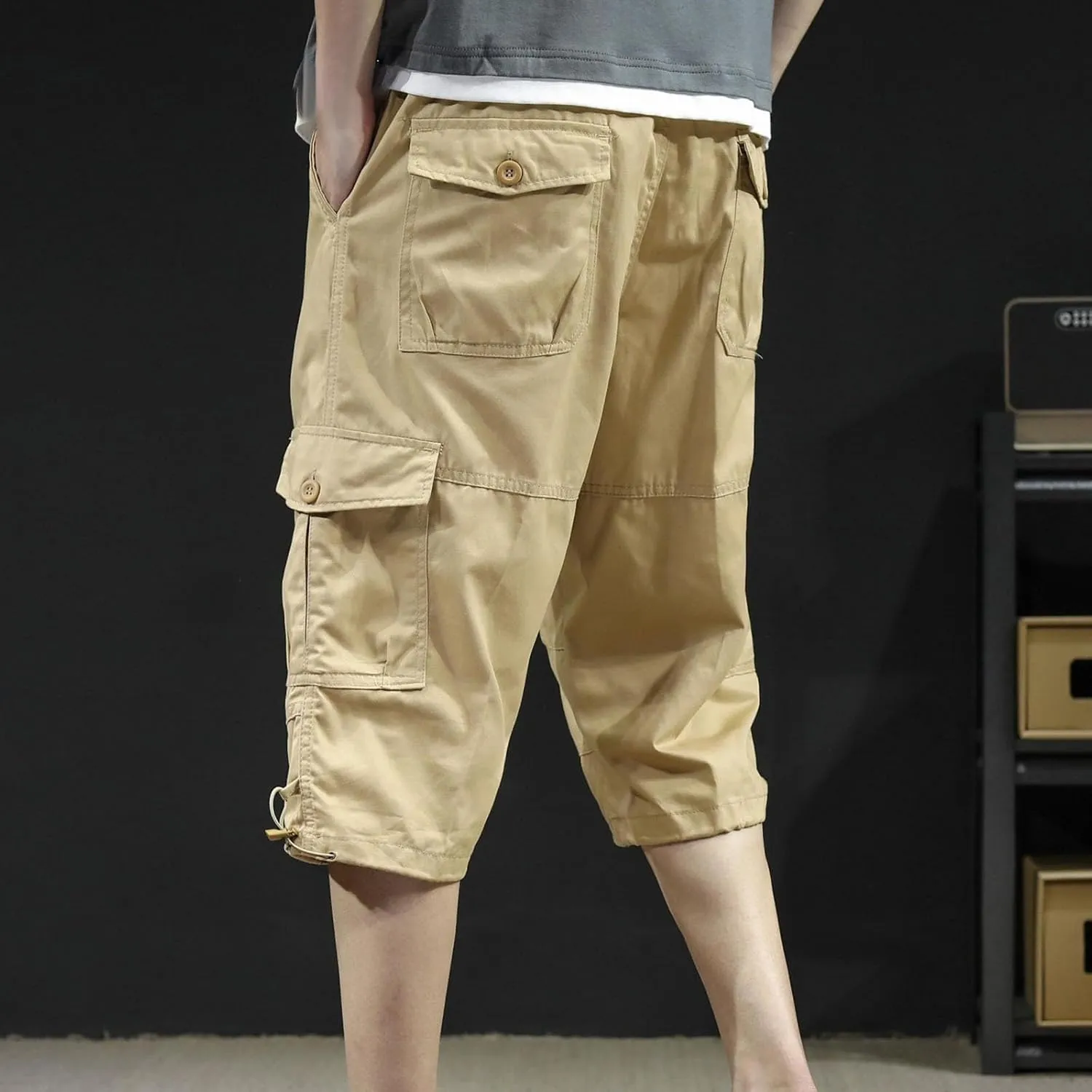Men's Cotton Cargo Capris Pant Outdoor Button Zipper up Hiking Gym Trouser Multiple Pocket Summer Pant with Waistband