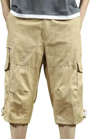 Men's Cotton Cargo Capris Pant Outdoor Button Zipper up Hiking Gym Trouser Multiple Pocket Summer Pant with Waistband