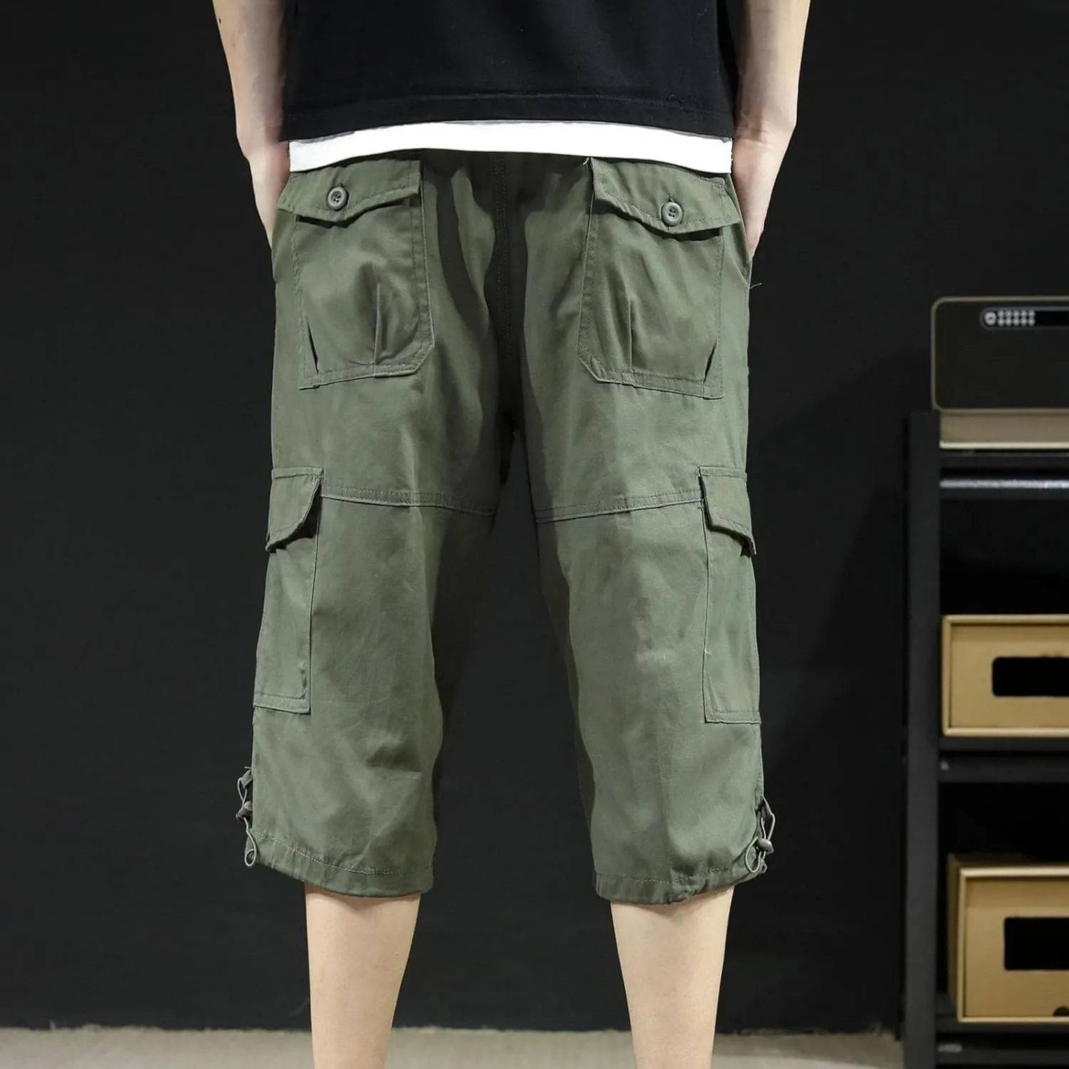 Men's Cotton Cargo Capris Pant Outdoor Button Zipper up Hiking Gym Trouser Multiple Pocket Summer Pant with Waistband