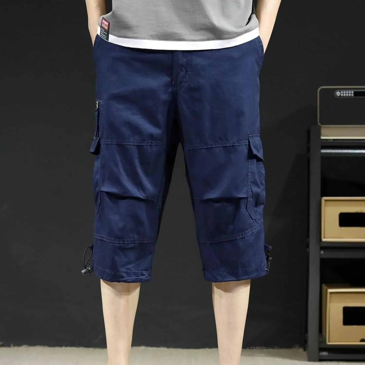 Men's Cotton Cargo Capris Pant Outdoor Button Zipper up Hiking Gym Trouser Multiple Pocket Summer Pant with Waistband