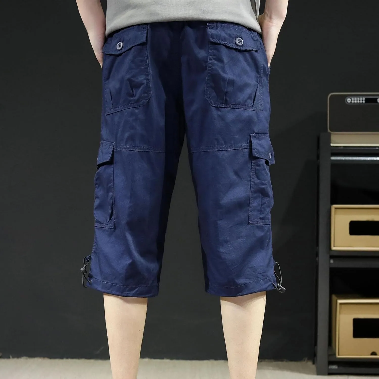 Men's Cotton Cargo Capris Pant Outdoor Button Zipper up Hiking Gym Trouser Multiple Pocket Summer Pant with Waistband