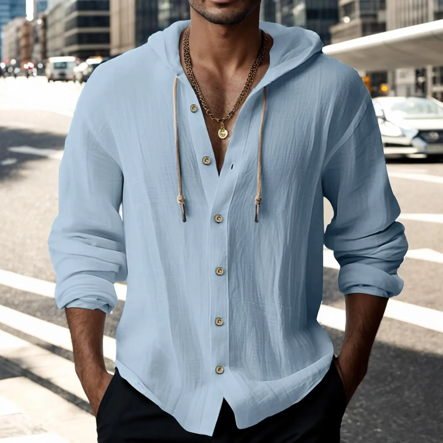 Mens Cotton Linen Shirts Long Sleeve Lightweight Casual Button Drawstring Tee Tops Casual Breathable Summer Beach Hoodie