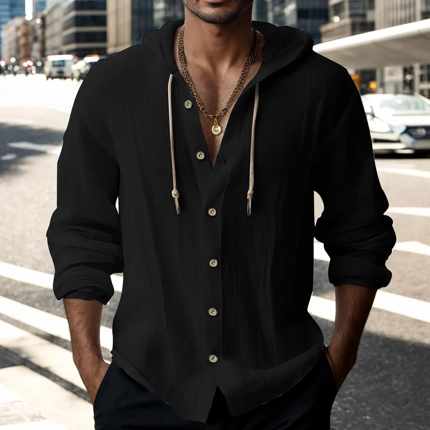 Mens Cotton Linen Shirts Long Sleeve Lightweight Casual Button Drawstring Tee Tops Casual Breathable Summer Beach Hoodie