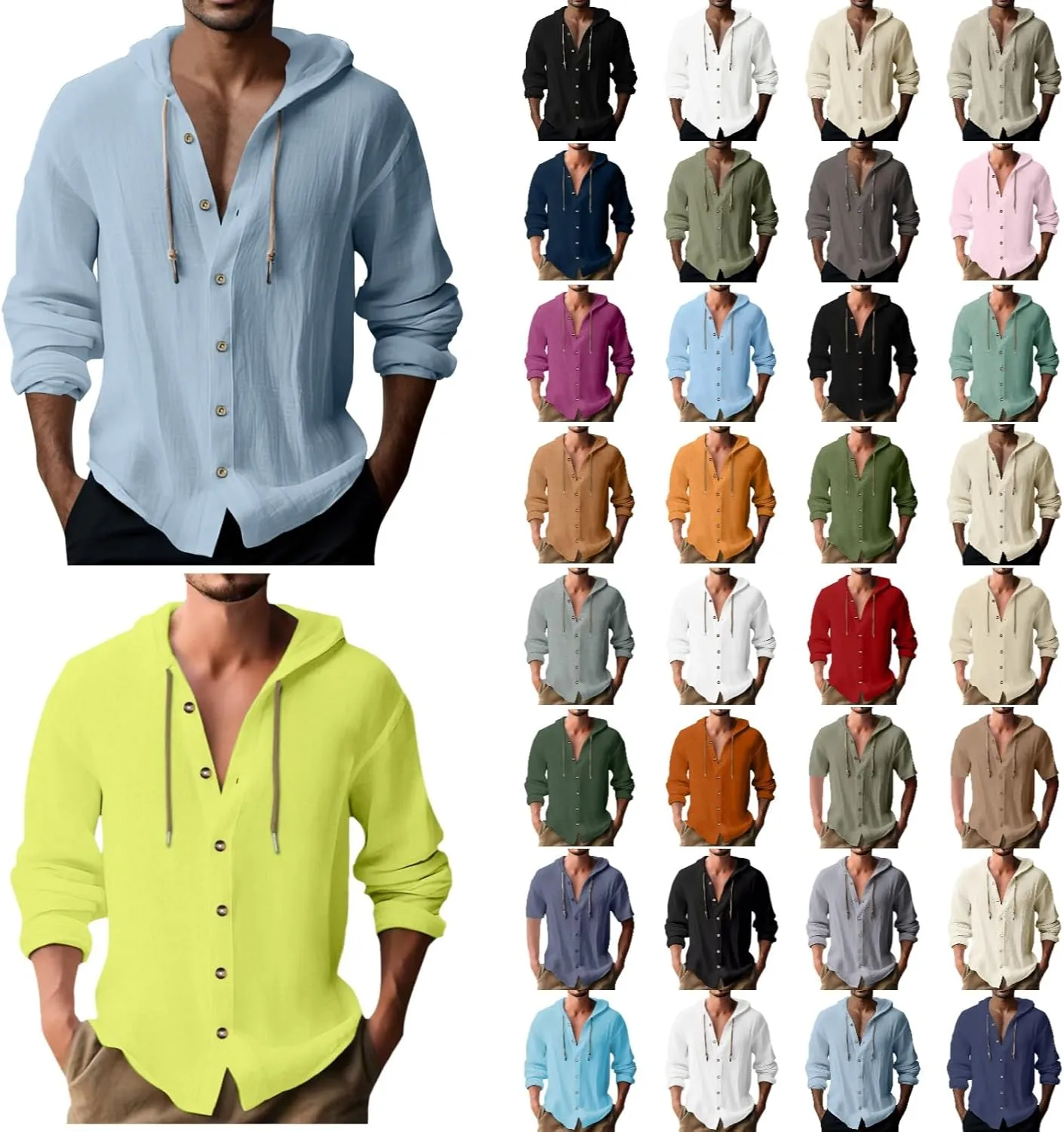 Mens Cotton Linen Shirts Long Sleeve Lightweight Casual Button Drawstring Tee Tops Casual Breathable Summer Beach Hoodie