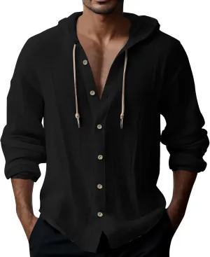 Mens Cotton Linen Shirts Long Sleeve Lightweight Casual Button Drawstring Tee Tops Casual Breathable Summer Beach Hoodie