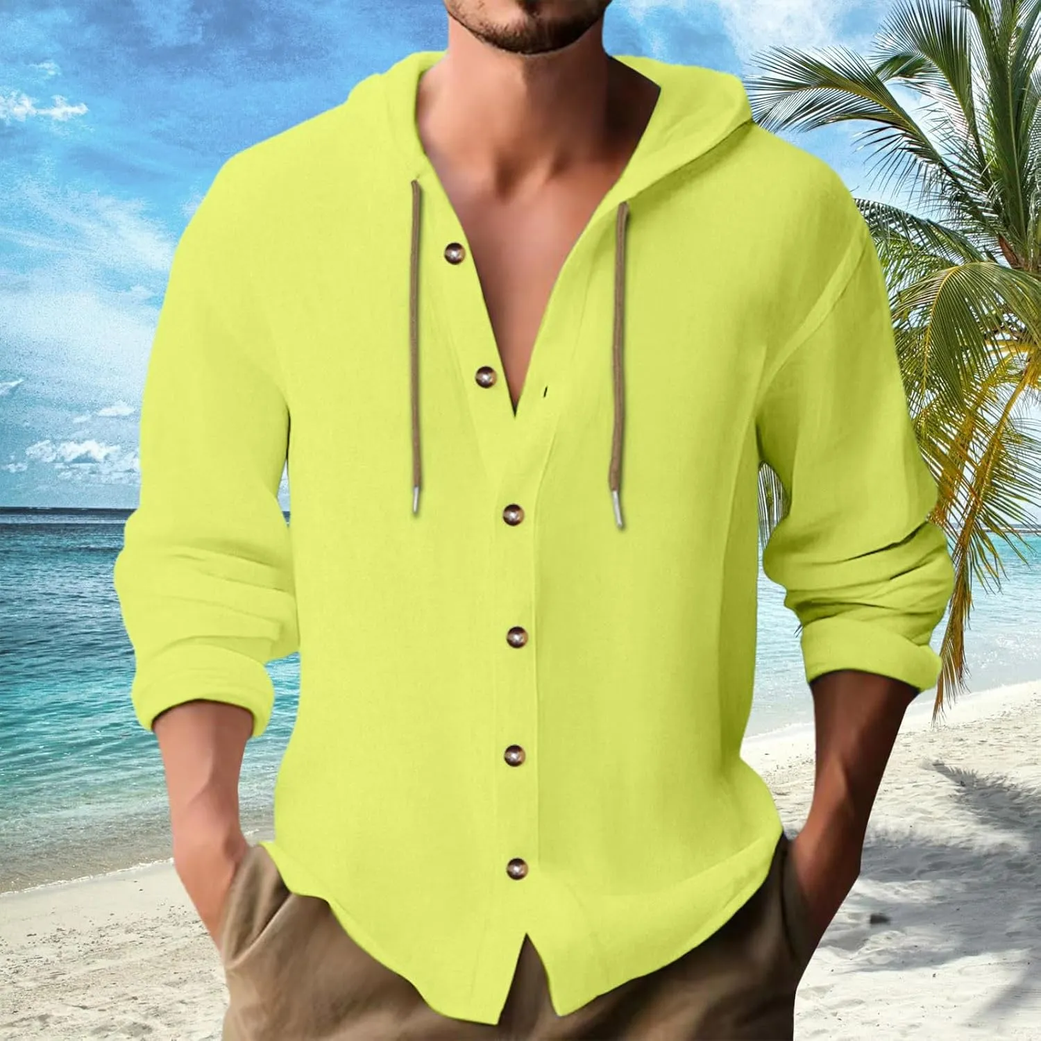 Mens Cotton Linen Shirts Long Sleeve Lightweight Casual Button Drawstring Tee Tops Casual Breathable Summer Beach Hoodie