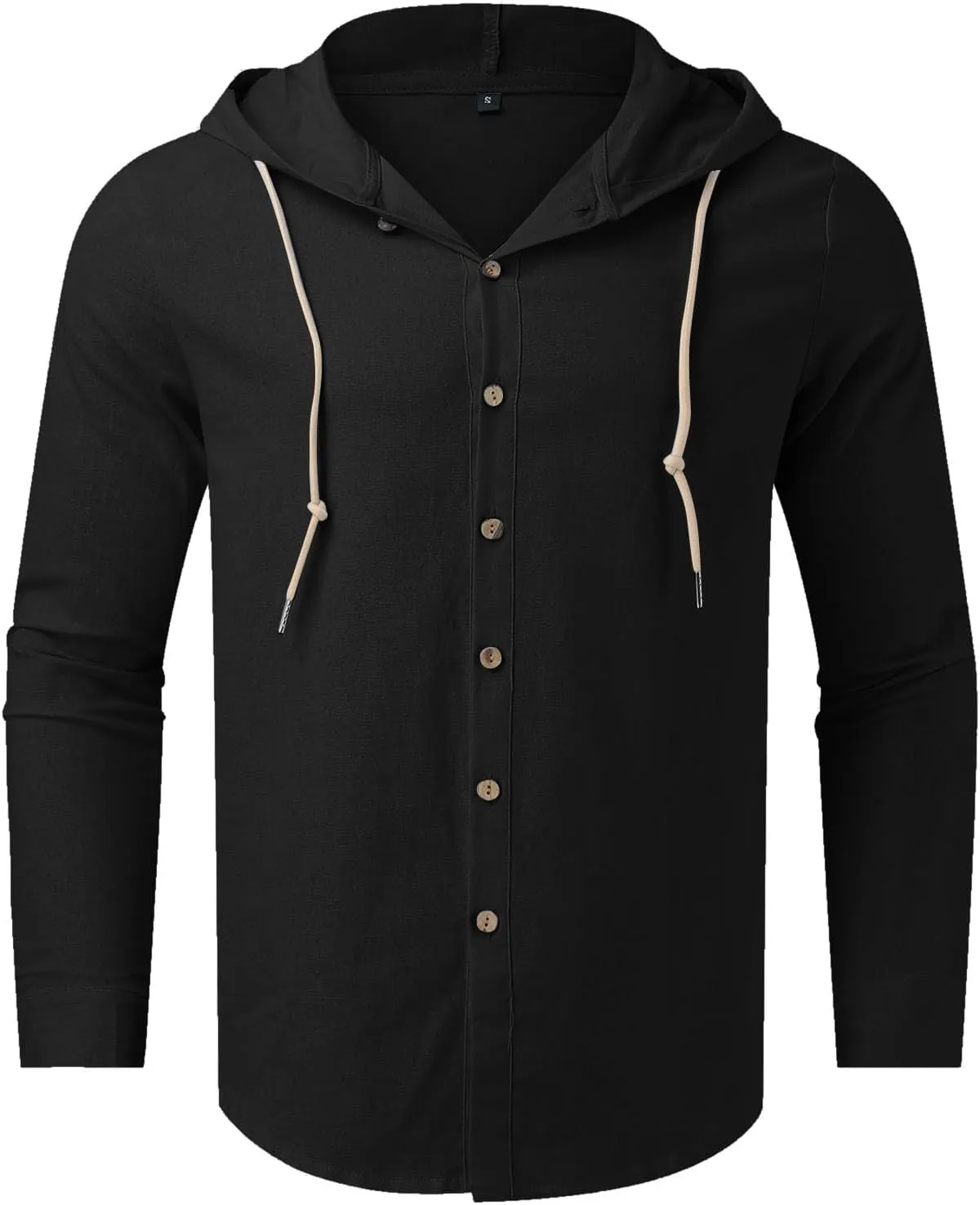 Mens Cotton Linen Shirts Long Sleeve Lightweight Casual Button Drawstring Tee Tops Casual Breathable Summer Beach Hoodie