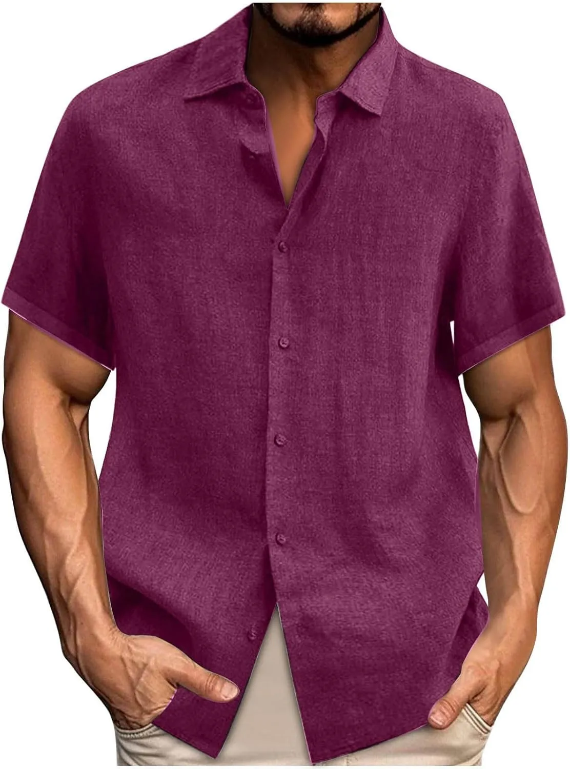 Men's Cotton Linen Short Sleeve Shirts Guayabera Linen Polo Tee for Men Button Down Summer Beach Vacation Blouses