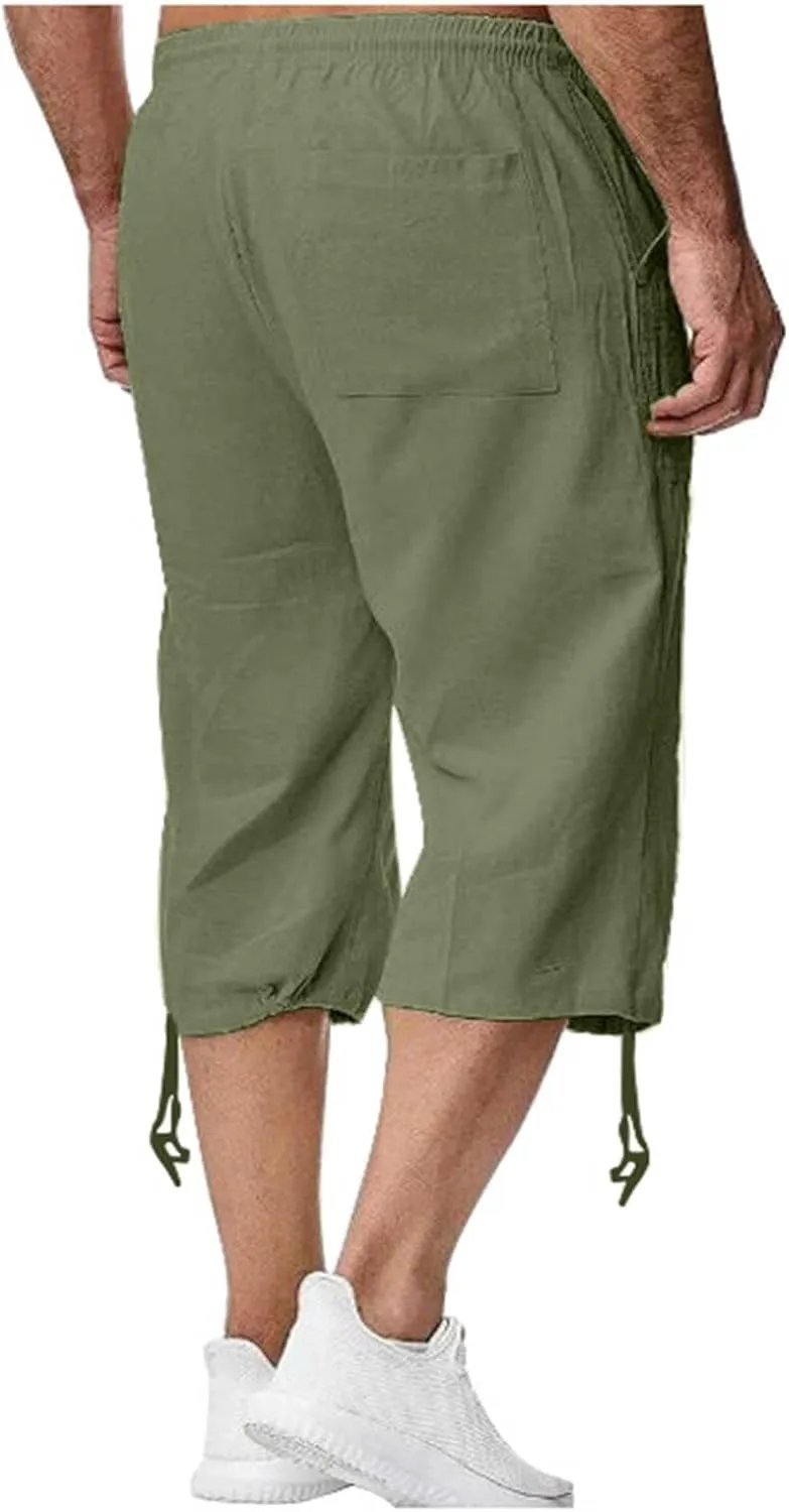 Mens Cotton Linen Shorts Casual Summer Beach Capri Pants Athletic Gym Workout Shorts with Pockets