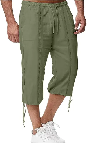 Mens Cotton Linen Shorts Casual Summer Beach Capri Pants Athletic Gym Workout Shorts with Pockets