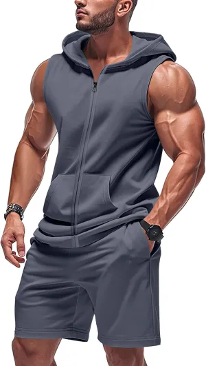 Men's Sleeveless Tracksuit Full Zip Hoodie Top & Elastic Waist Shorts 2 Pieces Summer Casual Outfits