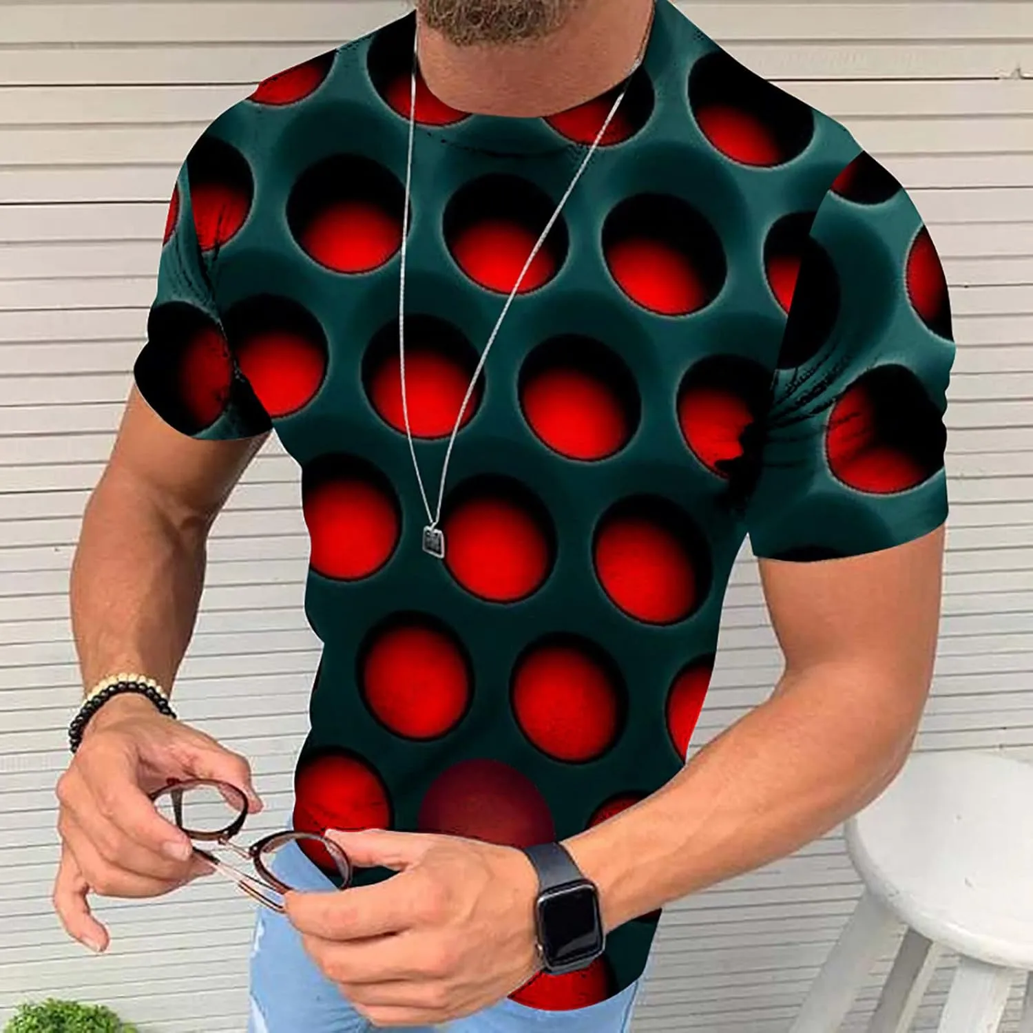 Men's Summer Short Sleeve Shirts, 3D Optical Illusion Print T-Shirts Casual Fashion Funny Tunnel Graphics O Neck Tee Tops