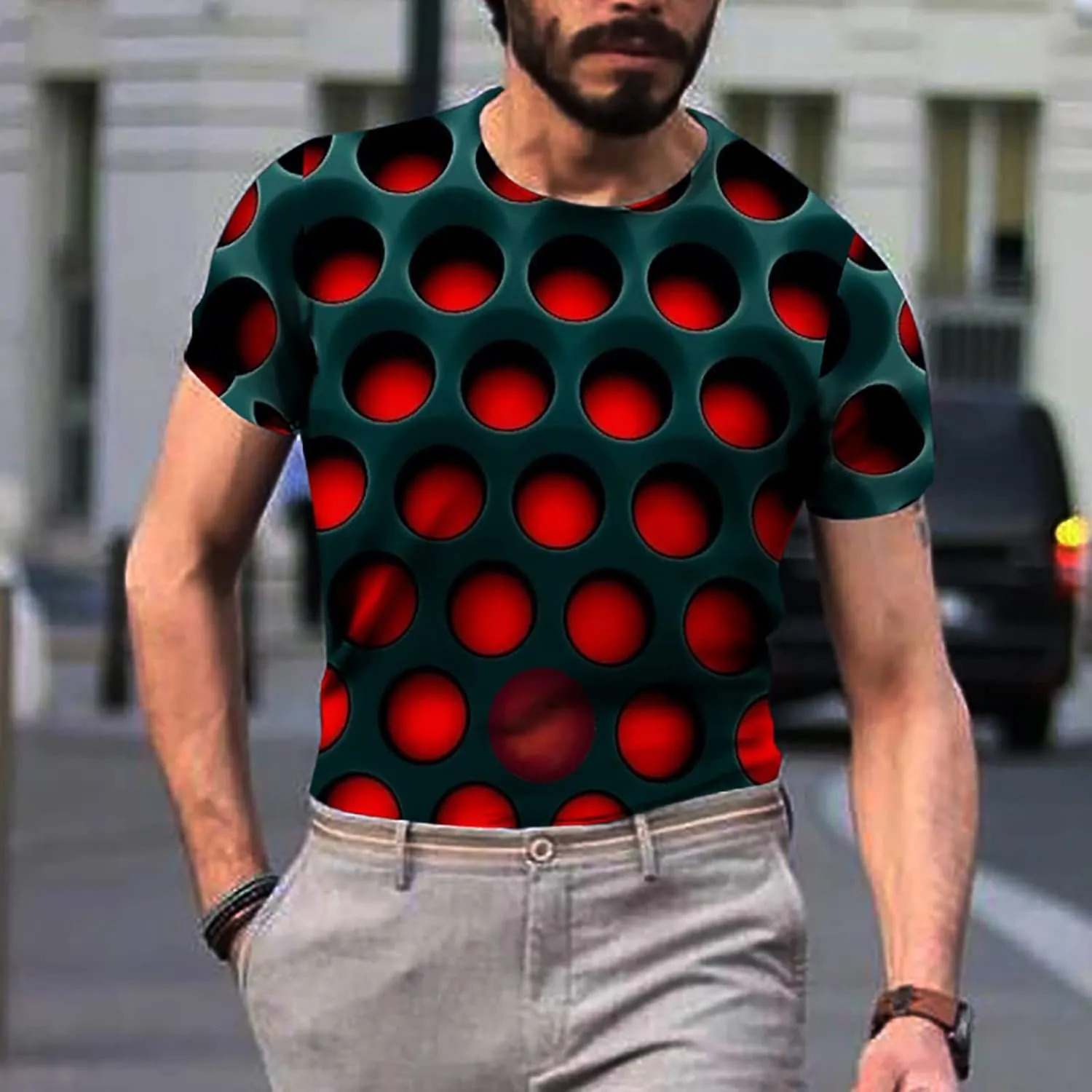 Men's Summer Short Sleeve Shirts, 3D Optical Illusion Print T-Shirts Casual Fashion Funny Tunnel Graphics O Neck Tee Tops