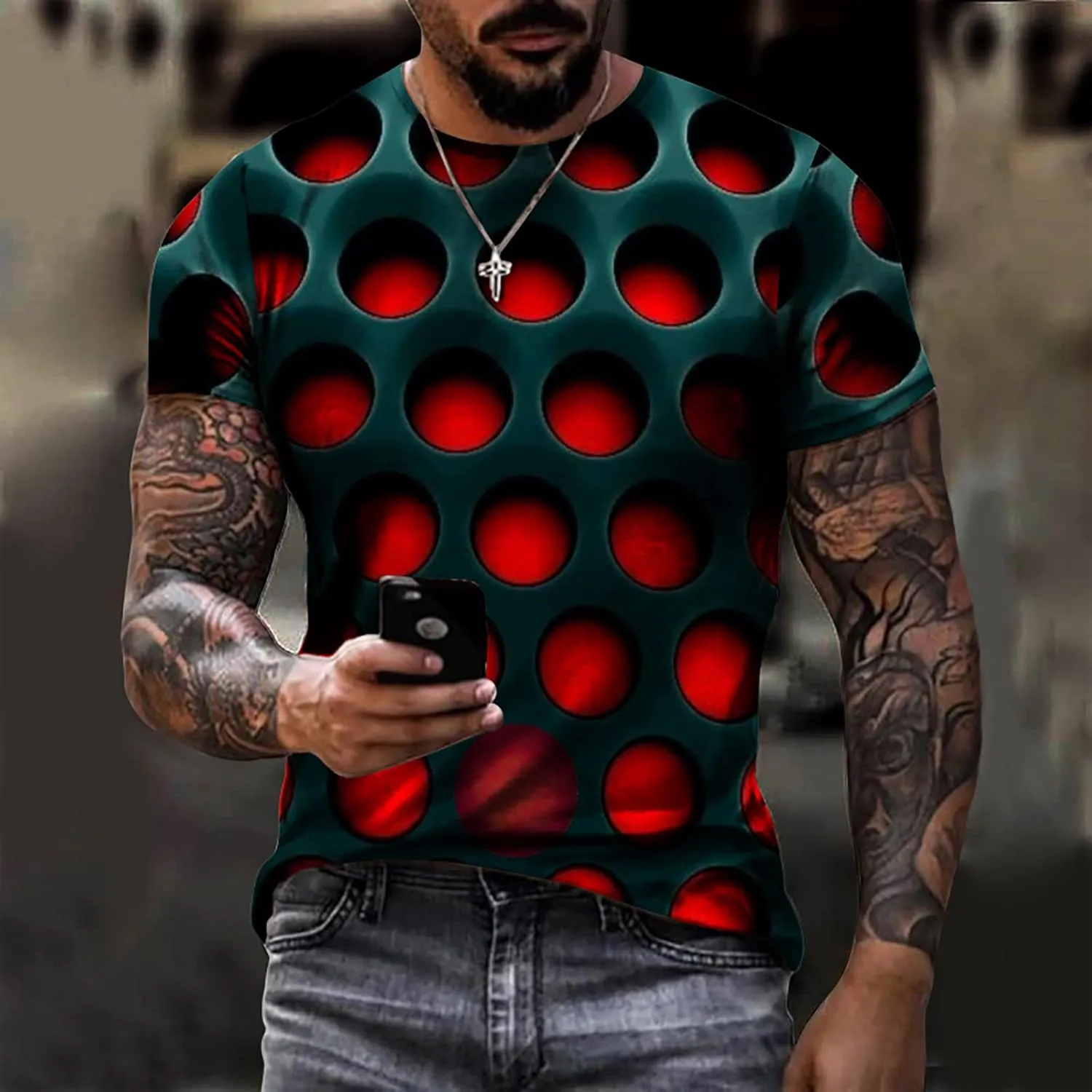 Men's Summer Short Sleeve Shirts, 3D Optical Illusion Print T-Shirts Casual Fashion Funny Tunnel Graphics O Neck Tee Tops