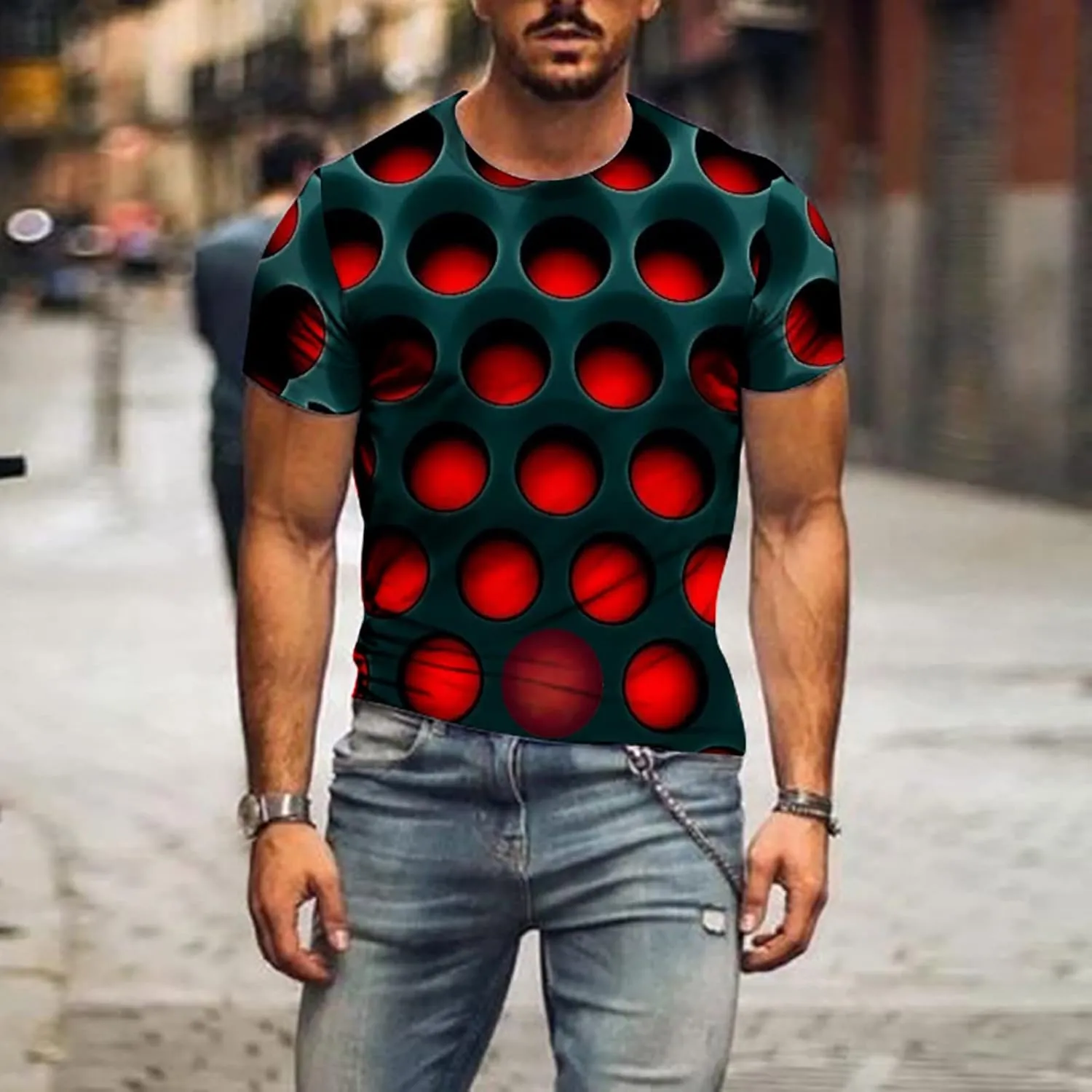 Men's Summer Short Sleeve Shirts, 3D Optical Illusion Print T-Shirts Casual Fashion Funny Tunnel Graphics O Neck Tee Tops
