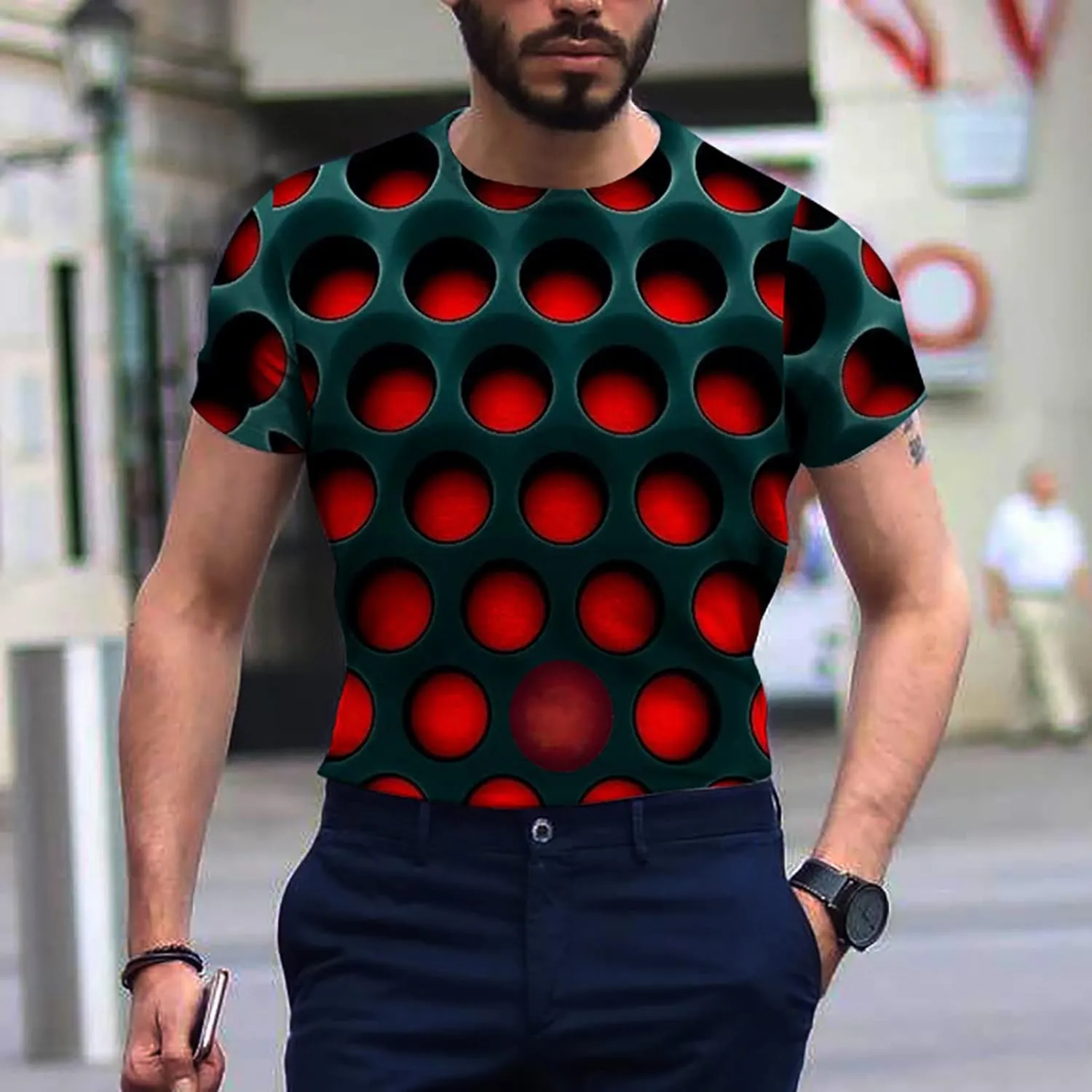 Men's Summer Short Sleeve Shirts, 3D Optical Illusion Print T-Shirts Casual Fashion Funny Tunnel Graphics O Neck Tee Tops