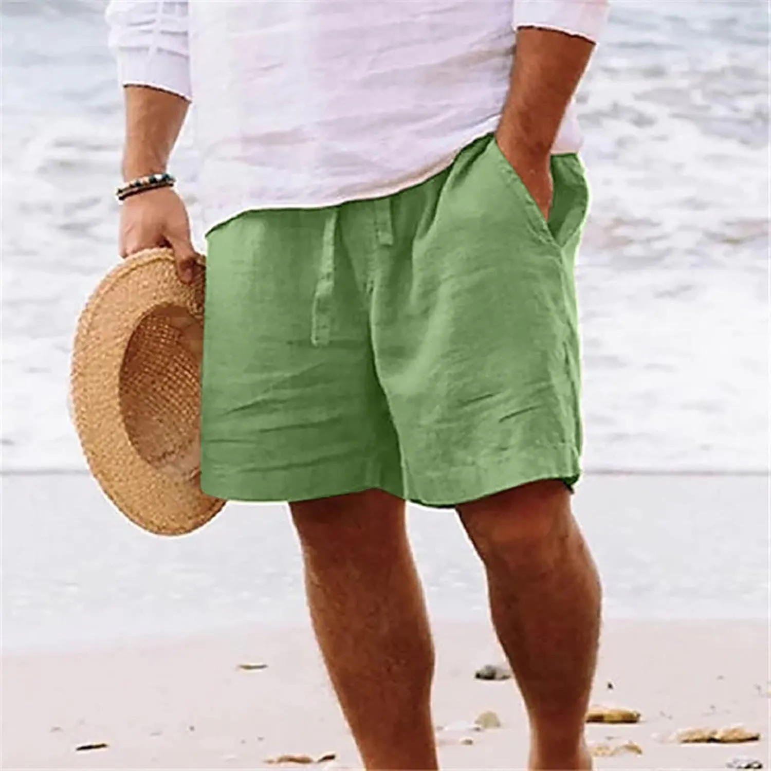 Mens Summer Shorts Casual Solid Drawstring Elastic Waist Shorts Baggy Vacation Beach Short Pants with Pockets