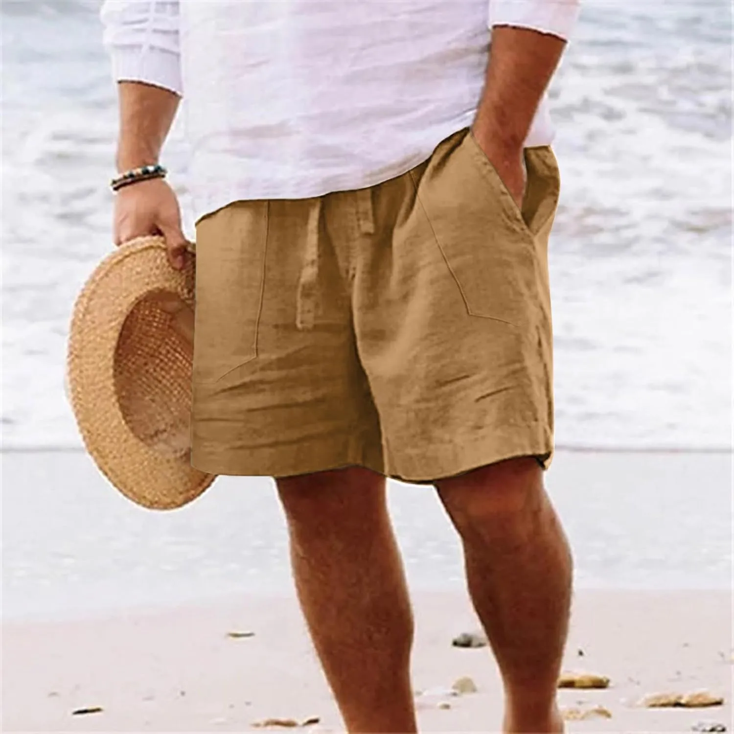 Mens Summer Shorts Casual Solid Drawstring Elastic Waist Shorts Baggy Vacation Beach Short Pants with Pockets