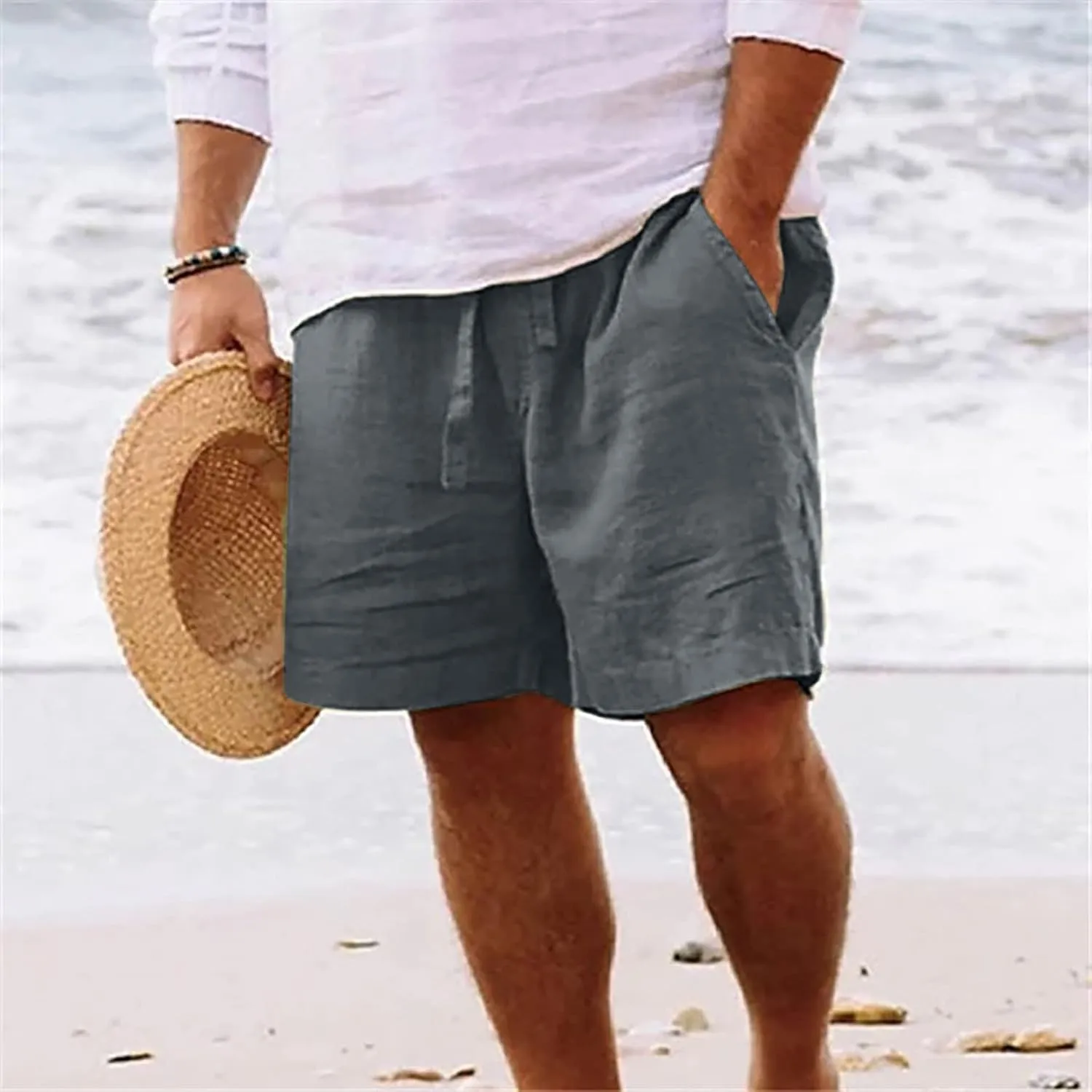 Mens Summer Shorts Casual Solid Drawstring Elastic Waist Shorts Baggy Vacation Beach Short Pants with Pockets