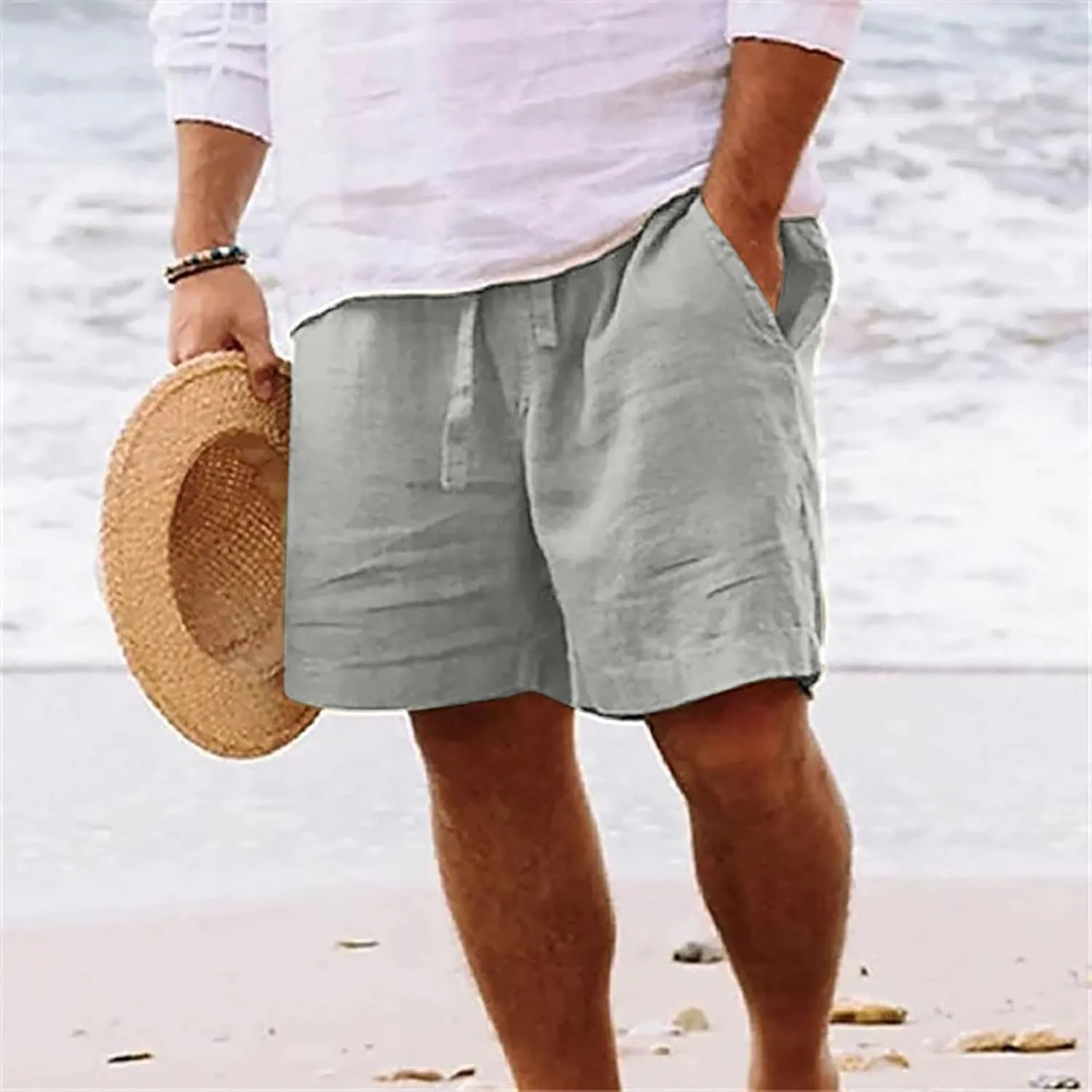 Mens Summer Shorts Casual Solid Drawstring Elastic Waist Shorts Baggy Vacation Beach Short Pants with Pockets