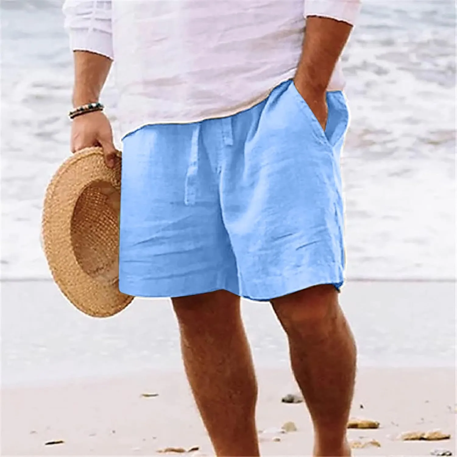 Mens Summer Shorts Casual Solid Drawstring Elastic Waist Shorts Baggy Vacation Beach Short Pants with Pockets