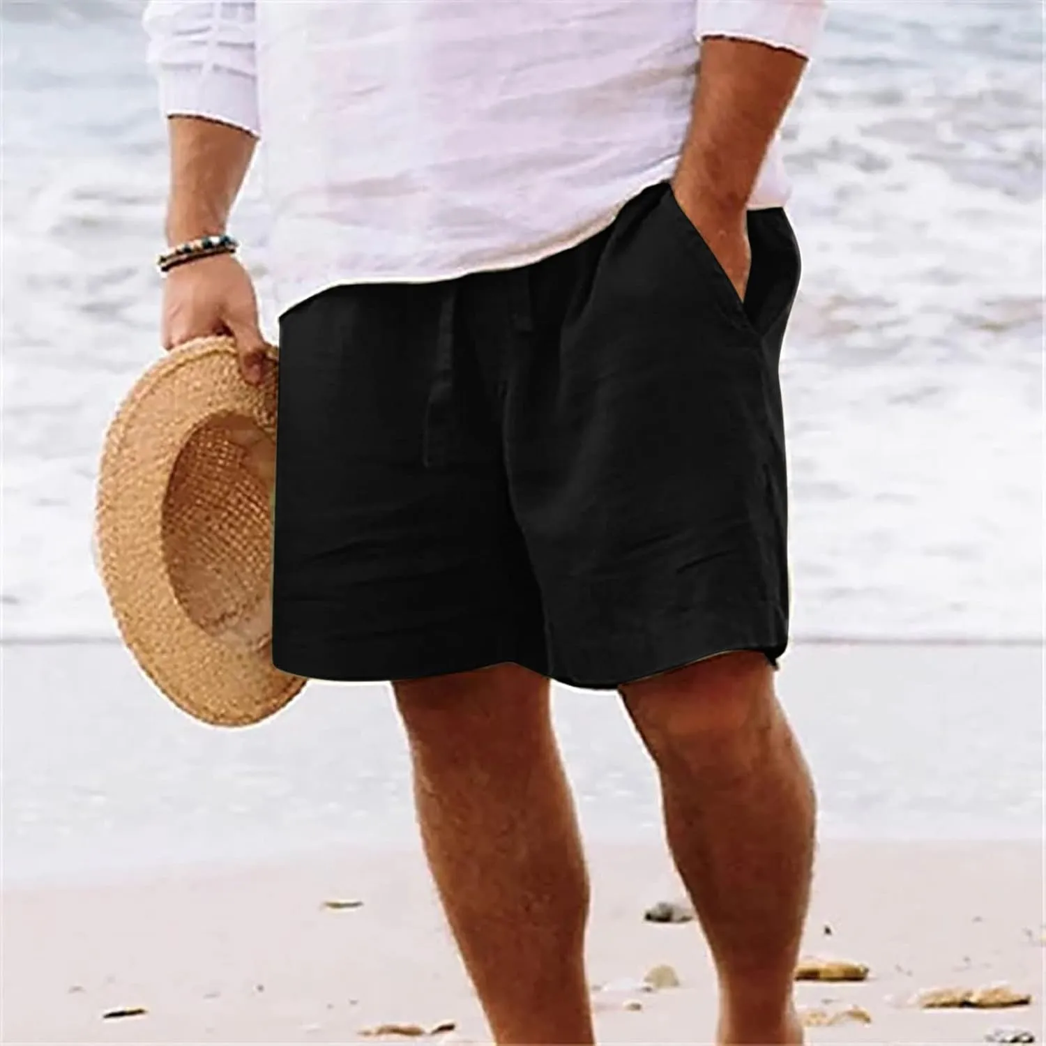 Mens Summer Shorts Casual Solid Drawstring Elastic Waist Shorts Baggy Vacation Beach Short Pants with Pockets