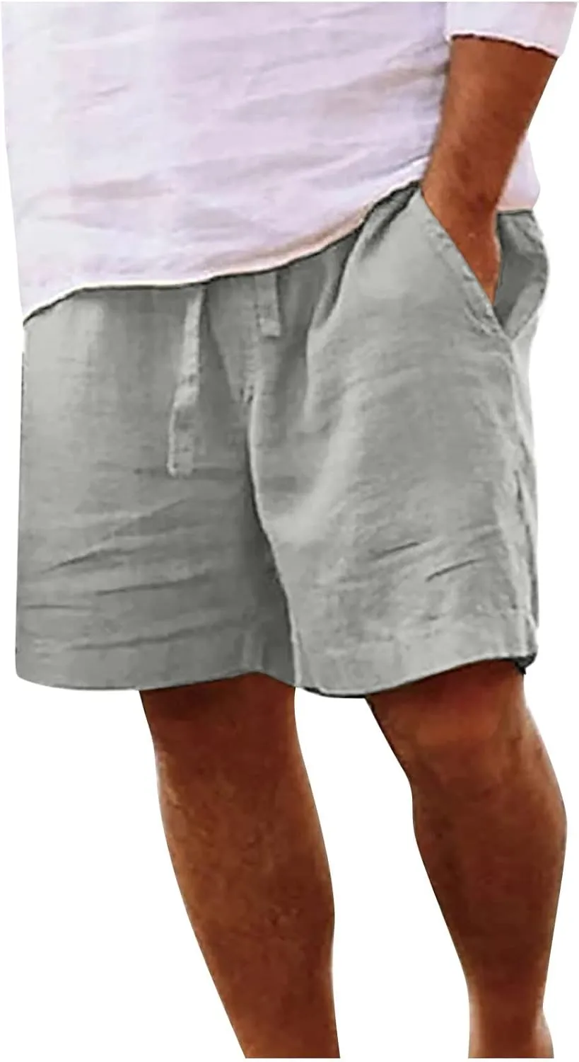 Mens Summer Shorts Casual Solid Drawstring Elastic Waist Shorts Baggy Vacation Beach Short Pants with Pockets