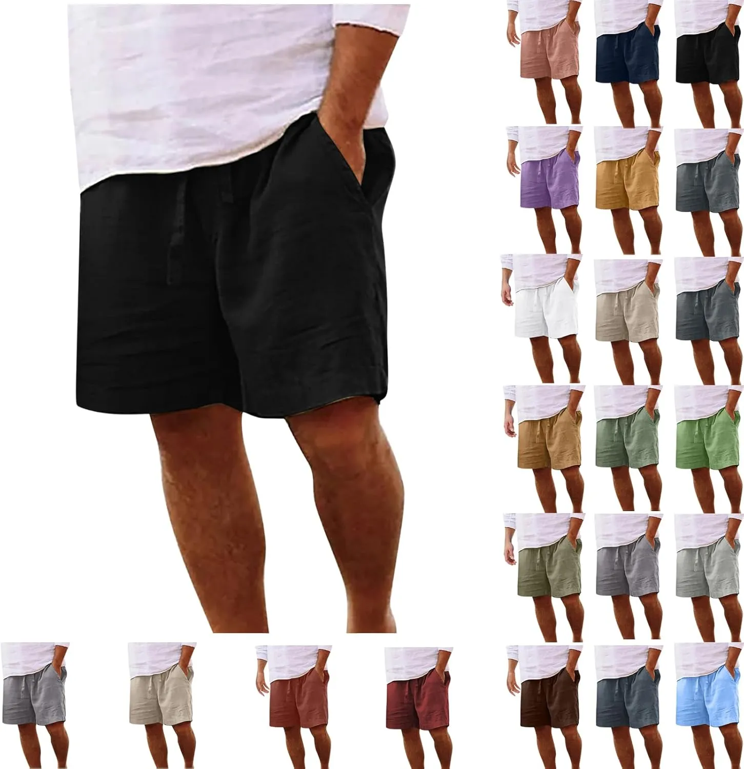 Mens Summer Shorts Casual Solid Drawstring Elastic Waist Shorts Baggy Vacation Beach Short Pants with Pockets