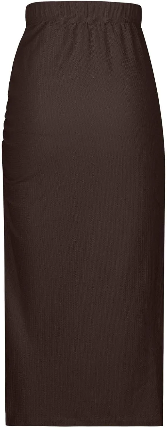 Midi Skirts for Women High Waisted Pencil Skirt with Split Ruched Bodycon Skirts Elastic Maxi Skirt Casual Skirts