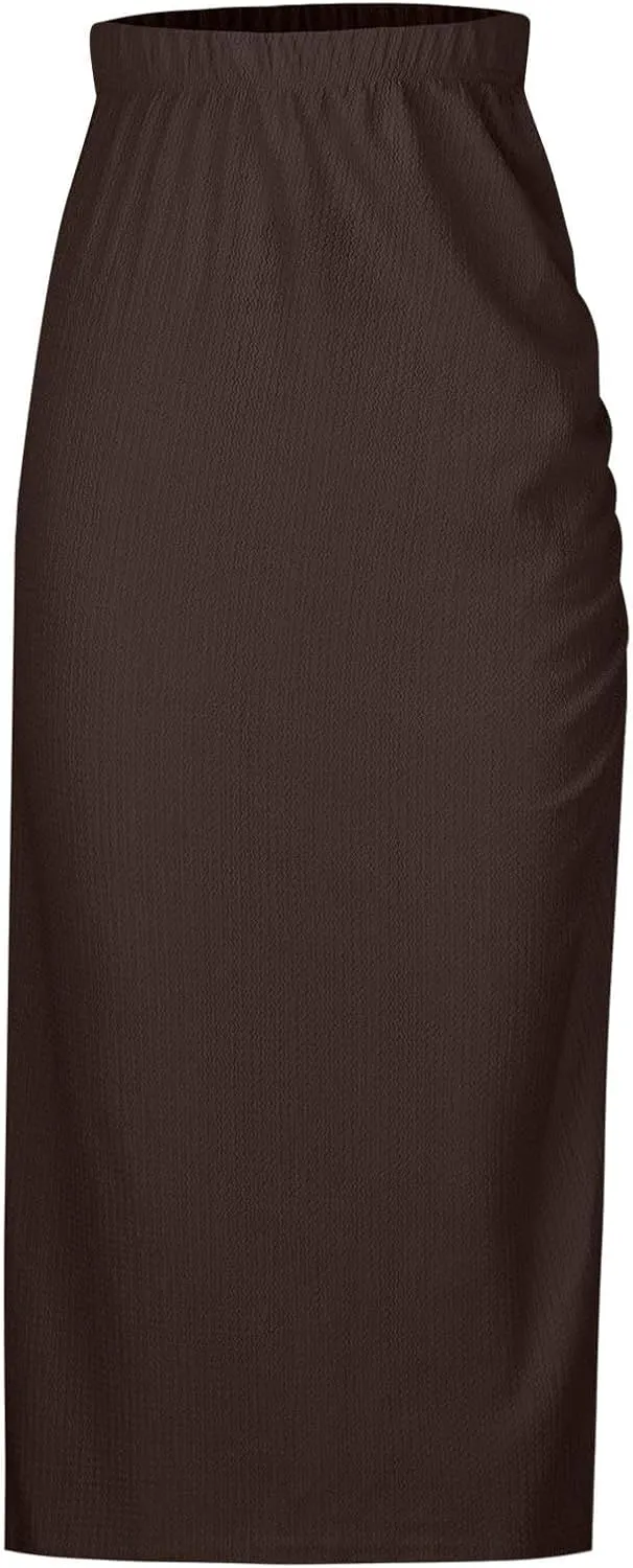 Midi Skirts for Women High Waisted Pencil Skirt with Split Ruched Bodycon Skirts Elastic Maxi Skirt Casual Skirts