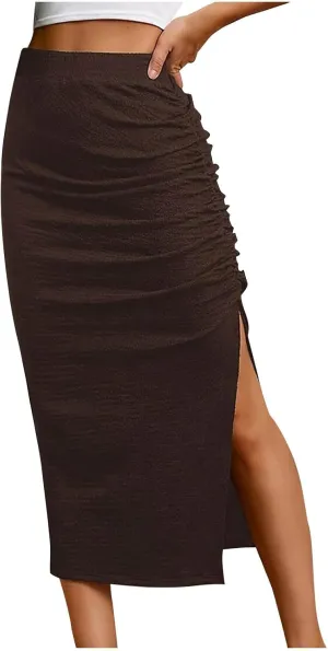 Midi Skirts for Women High Waisted Pencil Skirt with Split Ruched Bodycon Skirts Elastic Maxi Skirt Casual Skirts