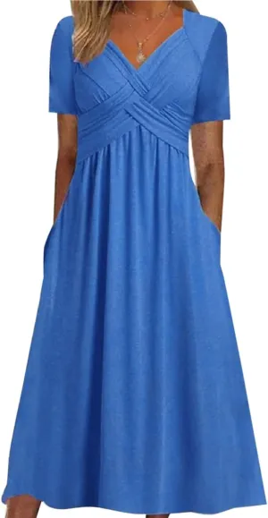 Miyaomn Womens Beach Dresses for Wedding Guest Crisscross Twist Front V Neck Casual Short Sleeve Long Maxi Dress with Pockets