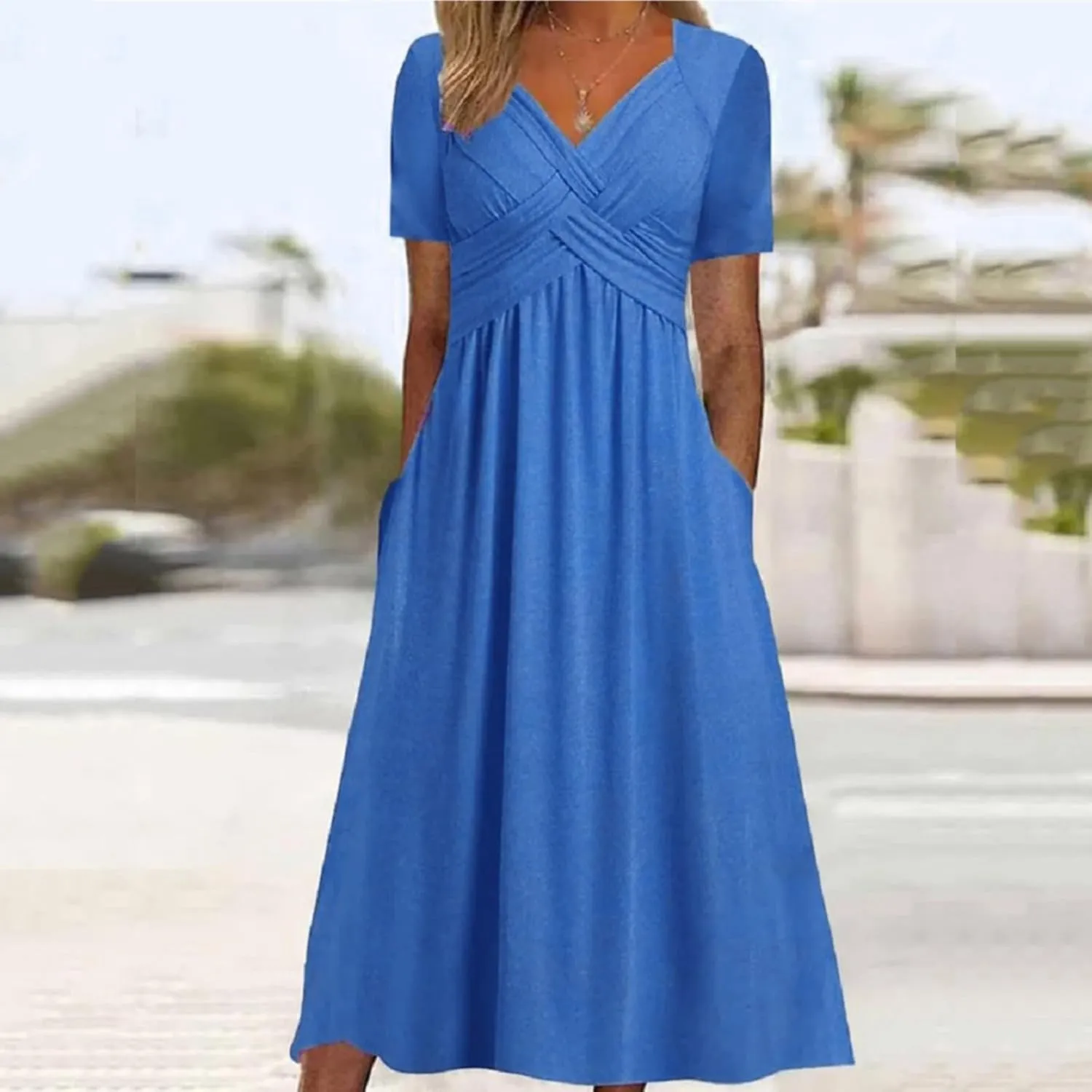 Miyaomn Womens Beach Dresses for Wedding Guest Crisscross Twist Front V Neck Casual Short Sleeve Long Maxi Dress with Pockets